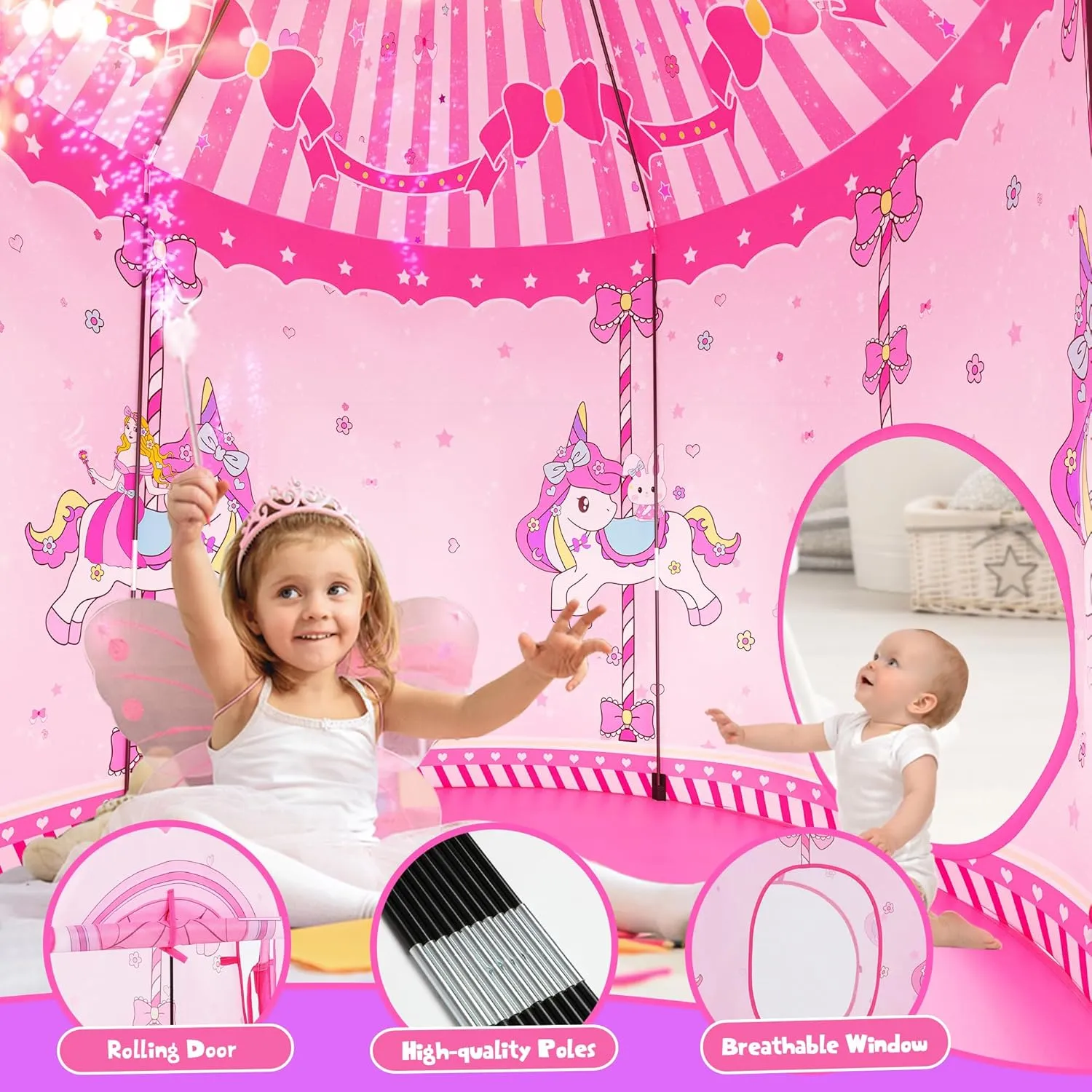 3 in 1 Girls Princess Play Tent for Kids: Pop Up Toddlers Playhouse with Baby Crawl Tunnel, Ball Pit and Castle Tent - Pink Children Play Tent Toys Indoor and Outdoor Game for Birthday Gift