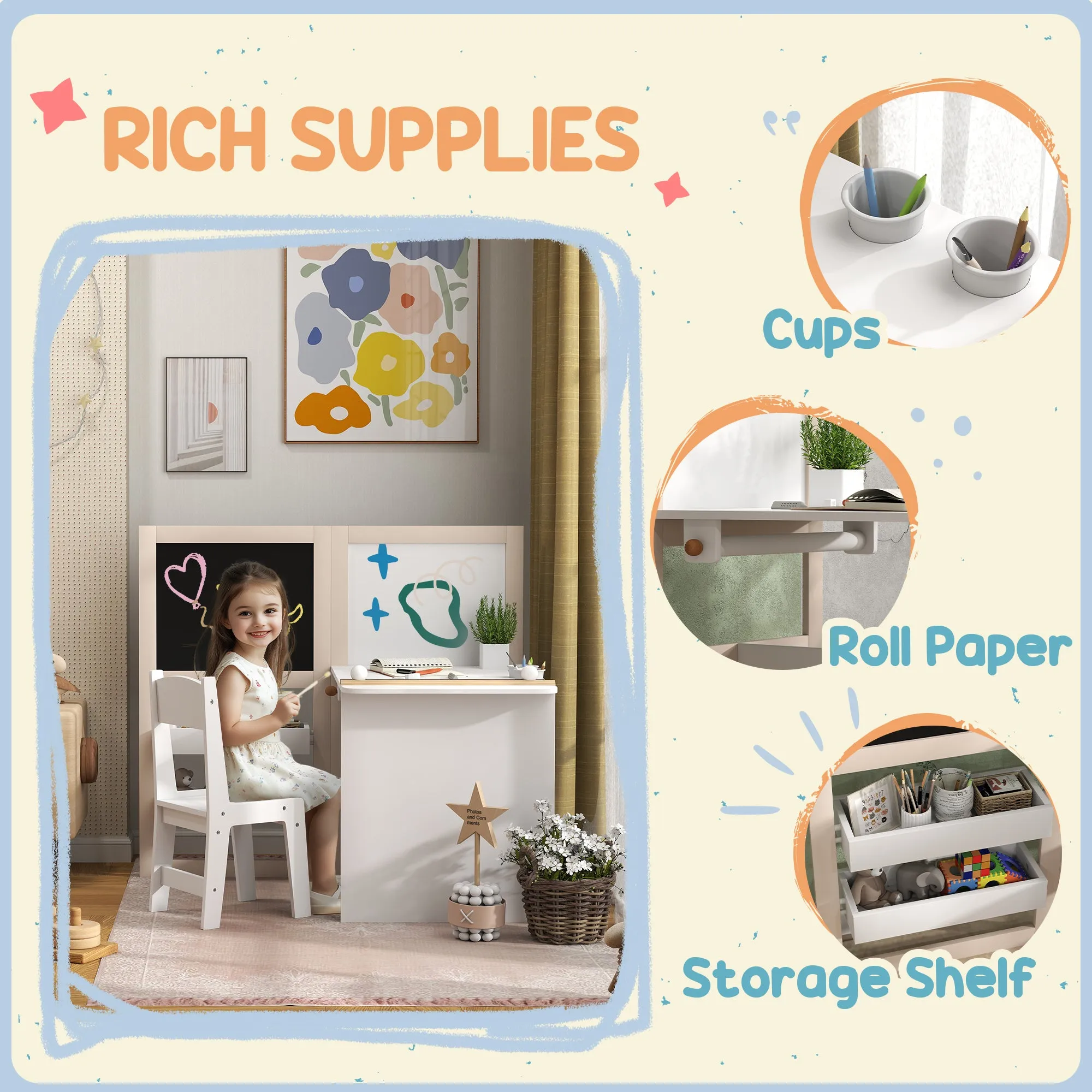 3 in 1 Kids Table and Chair Set with Foldable Easel, Storage Shelves, Roll Paper, White