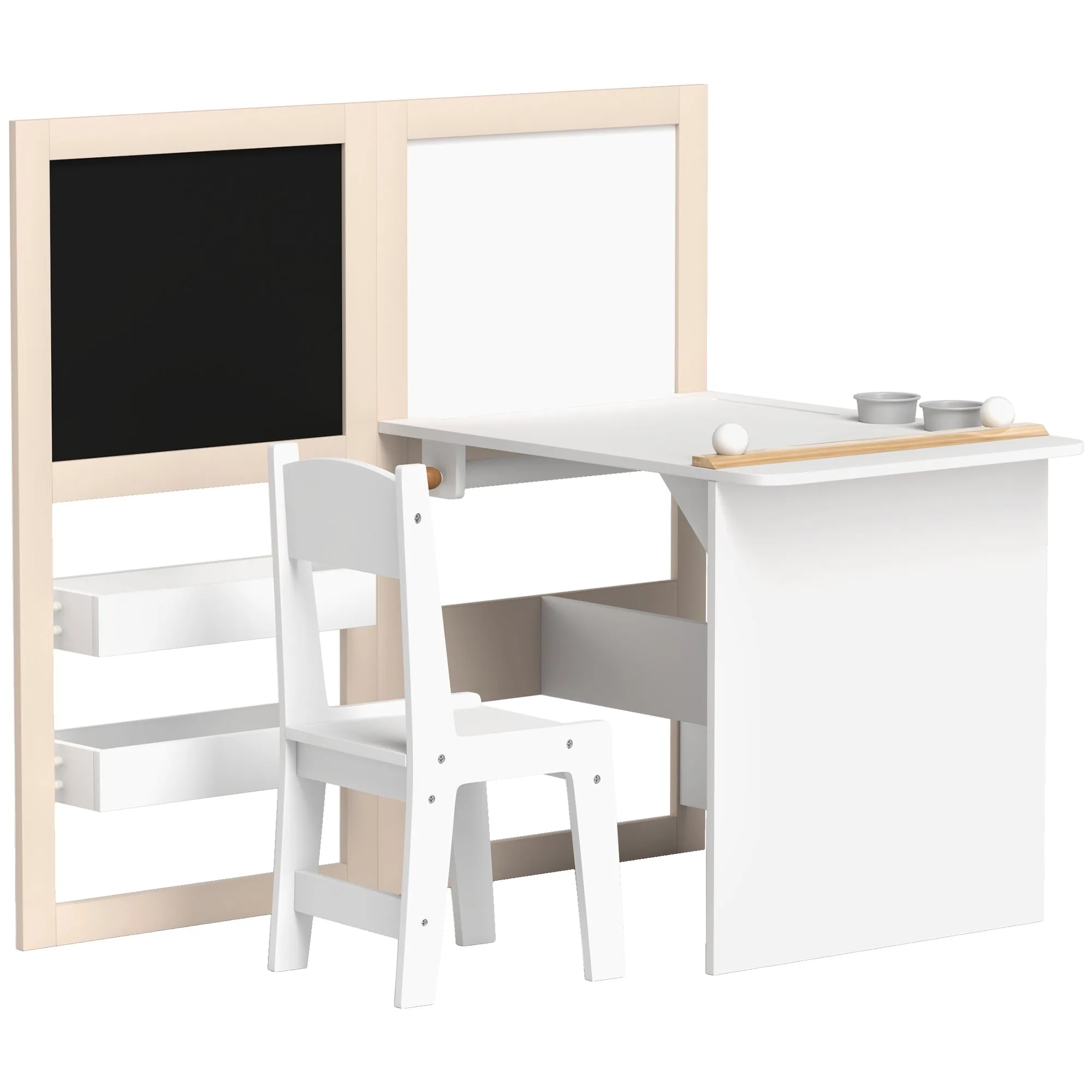 3 in 1 Kids Table and Chair Set with Foldable Easel, Storage Shelves, Roll Paper, White