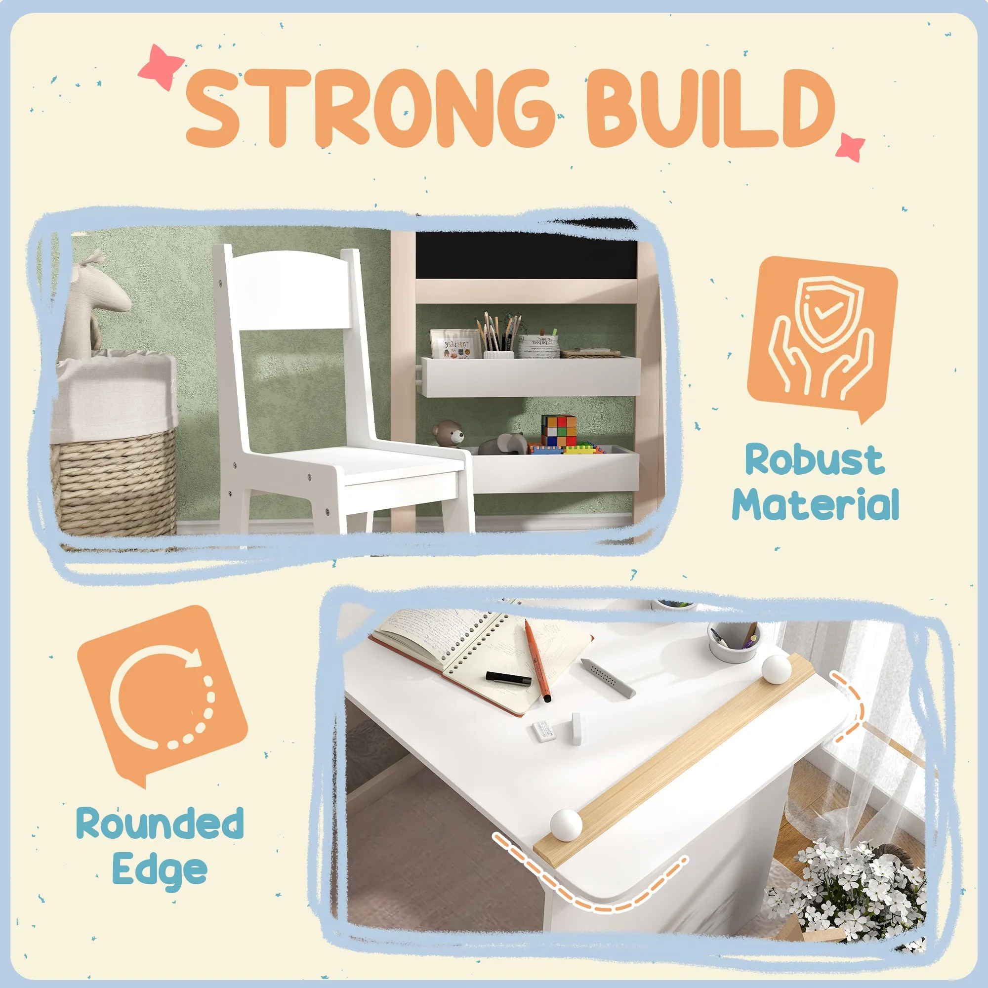 3 in 1 Kids Table and Chair Set with Foldable Easel, Storage Shelves, Roll Paper, White