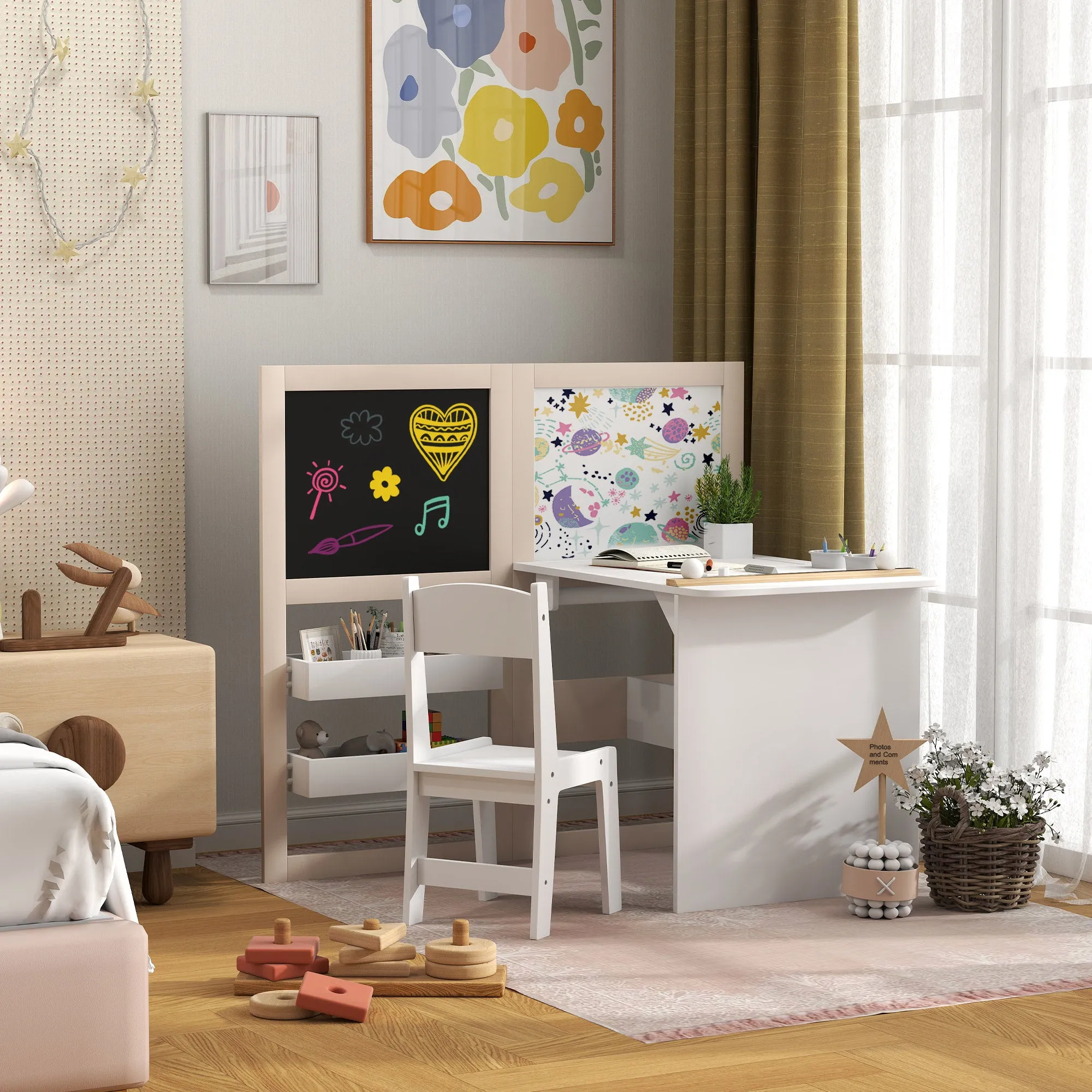 3 in 1 Kids Table and Chair Set with Foldable Easel, Storage Shelves, Roll Paper, White