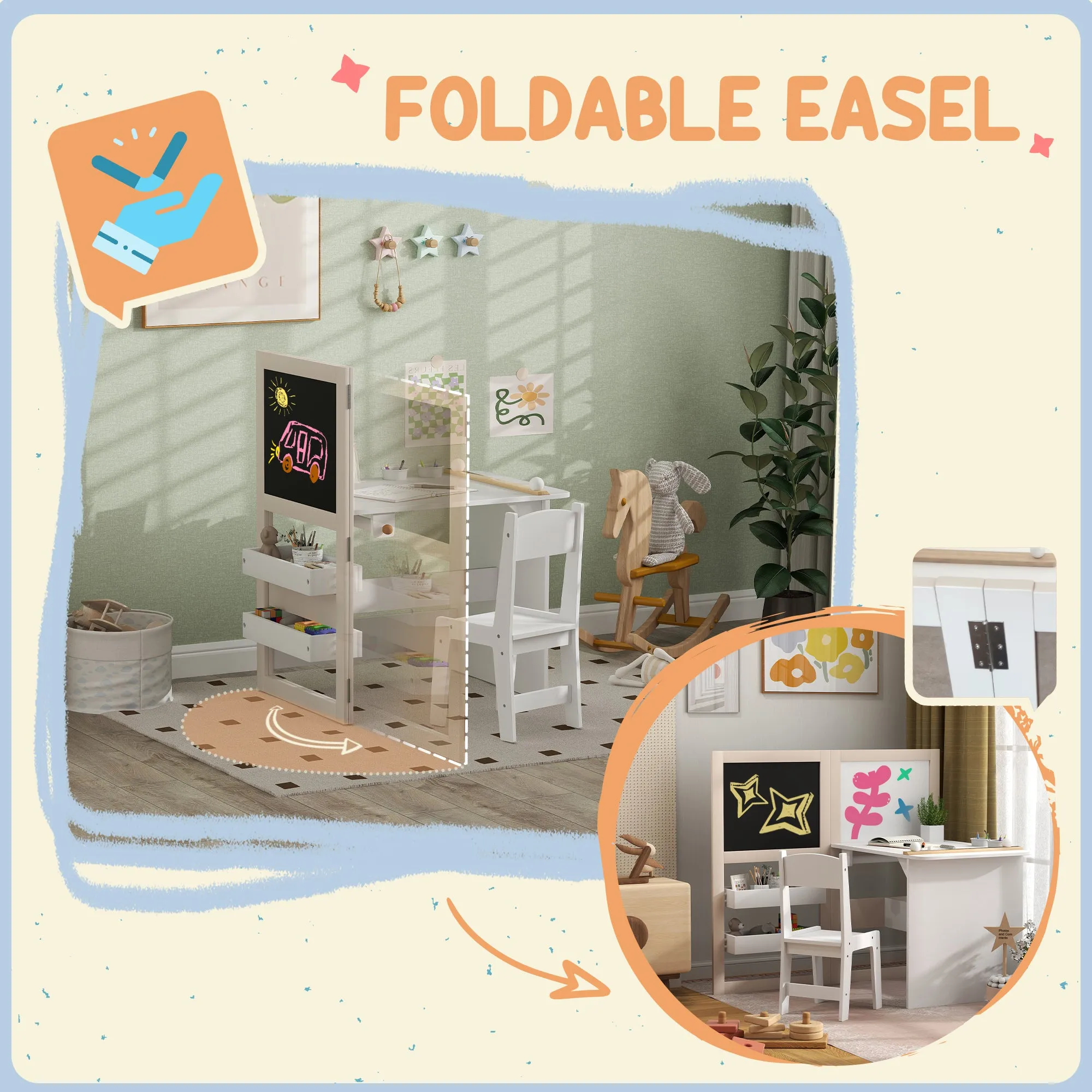 3 in 1 Kids Table and Chair Set with Foldable Easel, Storage Shelves, Roll Paper, White