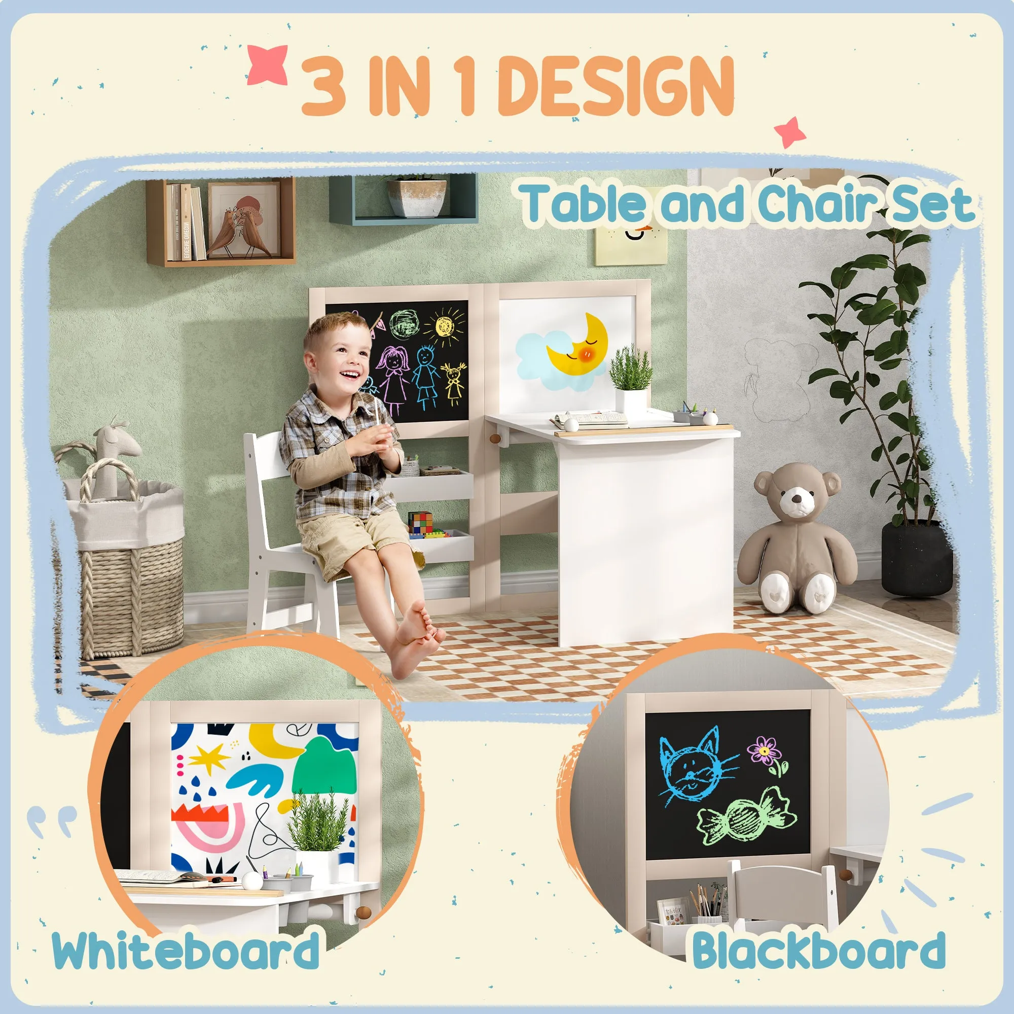 3 in 1 Kids Table and Chair Set with Foldable Easel, Storage Shelves, Roll Paper, White