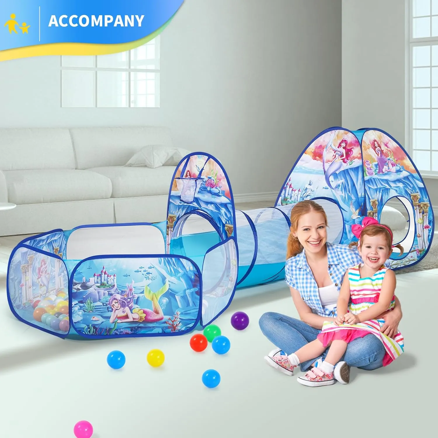 3 in 1 Mermaid Kids Play Tent with Play Tunnel, Ball Pit, Basketball Hoop for Boys & Girls, Toddler Pop Up Playhouse Toy for Baby Indoor/Outdoor, Gift for Year Old Child