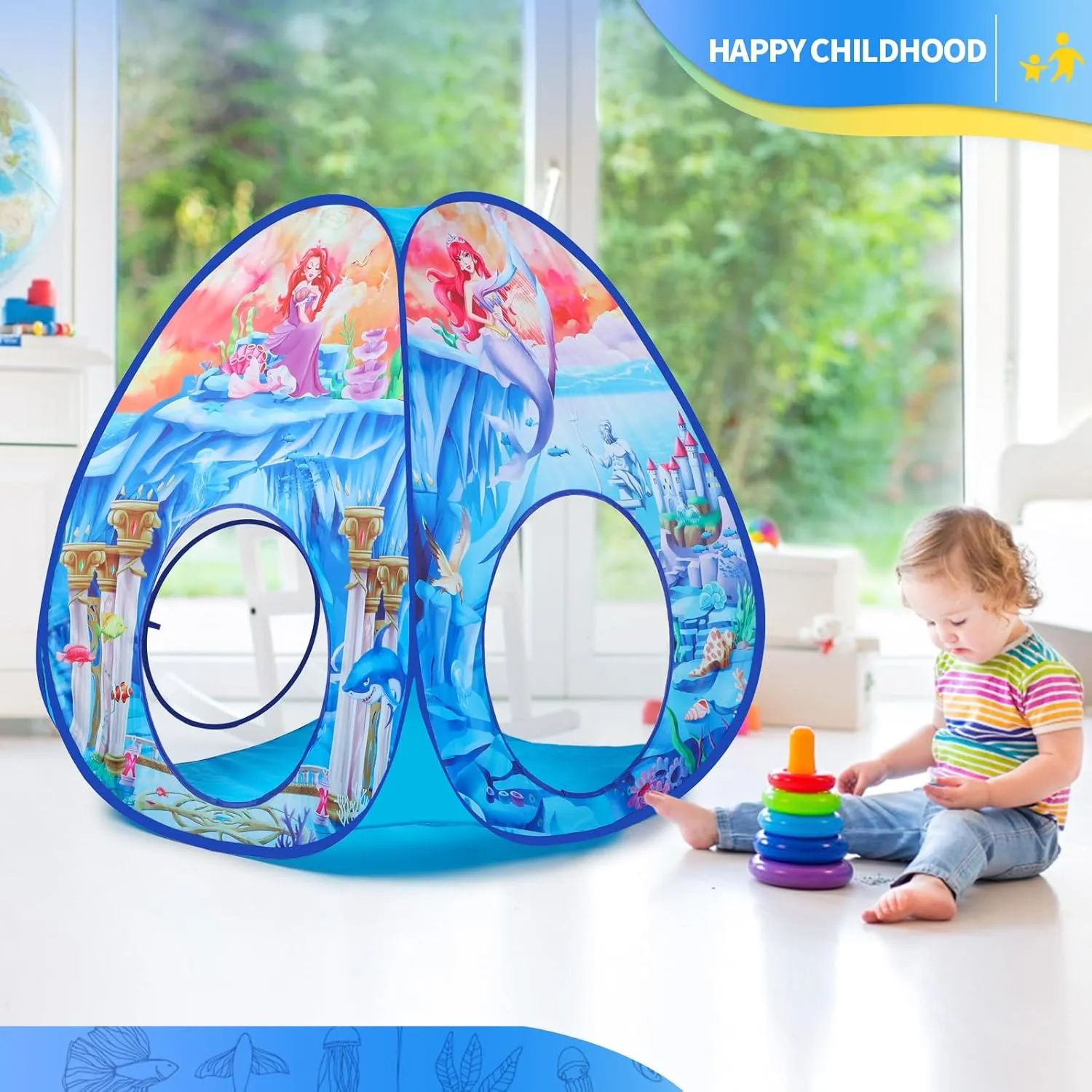 3 in 1 Mermaid Kids Play Tent with Play Tunnel, Ball Pit, Basketball Hoop for Boys & Girls, Toddler Pop Up Playhouse Toy for Baby Indoor/Outdoor, Gift for Year Old Child