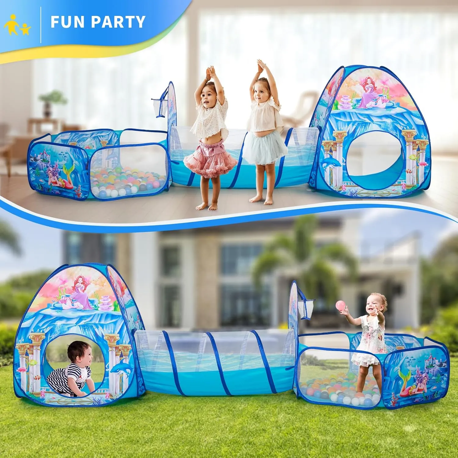 3 in 1 Mermaid Kids Play Tent with Play Tunnel, Ball Pit, Basketball Hoop for Boys & Girls, Toddler Pop Up Playhouse Toy for Baby Indoor/Outdoor, Gift for Year Old Child