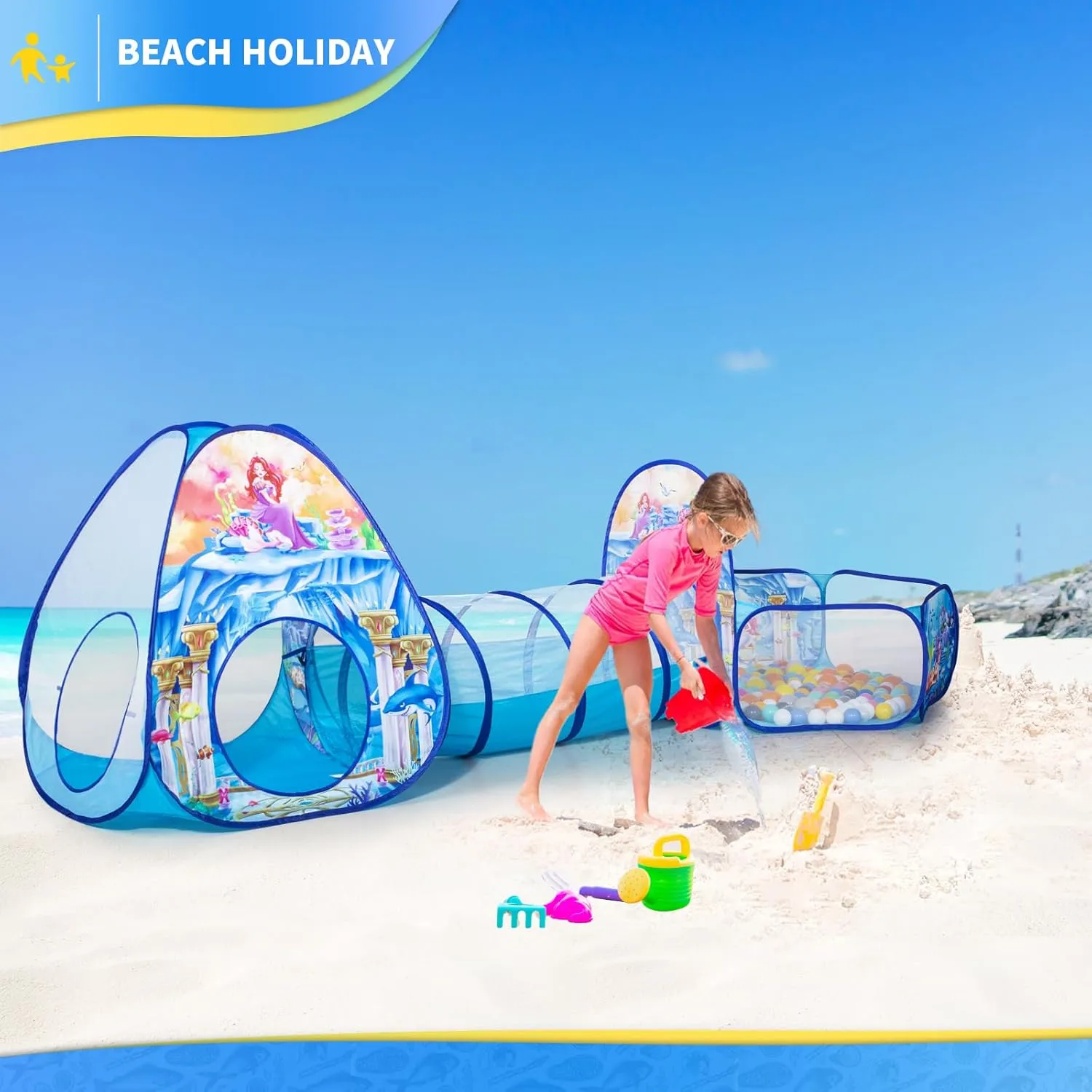 3 in 1 Mermaid Kids Play Tent with Play Tunnel, Ball Pit, Basketball Hoop for Boys & Girls, Toddler Pop Up Playhouse Toy for Baby Indoor/Outdoor, Gift for Year Old Child