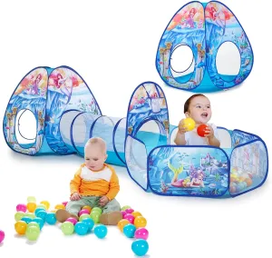 3 in 1 Mermaid Kids Play Tent with Play Tunnel, Ball Pit, Basketball Hoop for Boys & Girls, Toddler Pop Up Playhouse Toy for Baby Indoor/Outdoor, Gift for Year Old Child