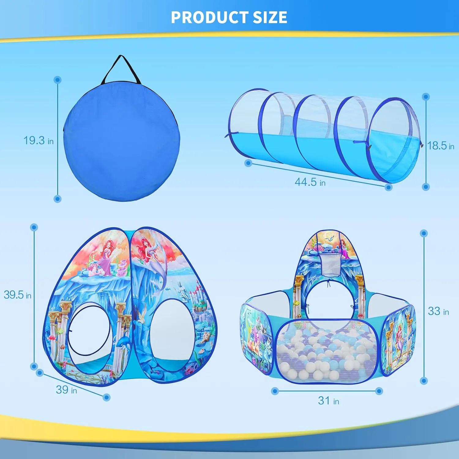 3 in 1 Mermaid Kids Play Tent with Play Tunnel, Ball Pit, Basketball Hoop for Boys & Girls, Toddler Pop Up Playhouse Toy for Baby Indoor/Outdoor, Gift for Year Old Child