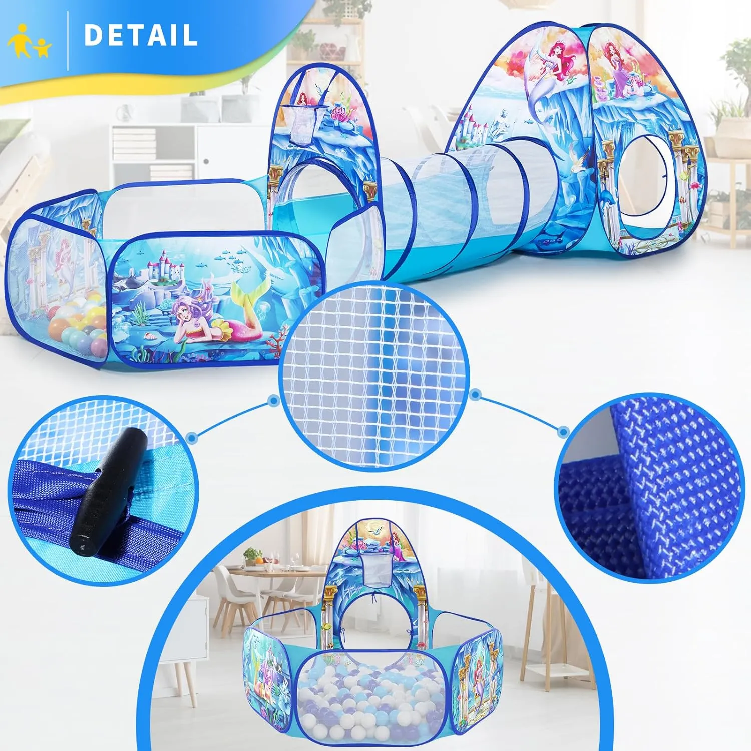 3 in 1 Mermaid Kids Play Tent with Play Tunnel, Ball Pit, Basketball Hoop for Boys & Girls, Toddler Pop Up Playhouse Toy for Baby Indoor/Outdoor, Gift for Year Old Child