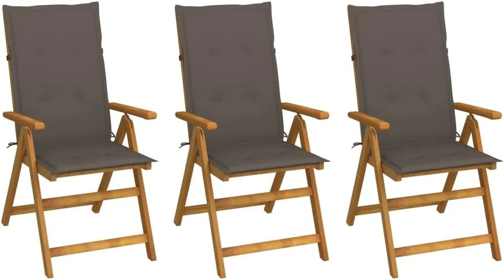 3-Piece Folding Patio Chairs Set with Cushions Solid Acacia Wood Outdoor Furniture Adjustable Reclining Pool Lounge Chairs for Garden Beach Camping