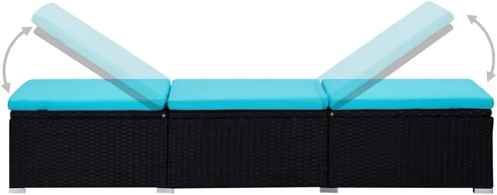 3-Piece Patio Sun Lounger Set with Tea Table PE Rattan Adjustable Chaise Lounge Outdoor Furniture Black and Blue for Poolside, Deck, Backyard
