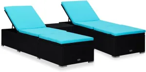 3-Piece Patio Sun Lounger Set with Tea Table PE Rattan Adjustable Chaise Lounge Outdoor Furniture Black and Blue for Poolside, Deck, Backyard