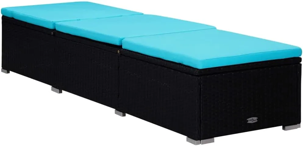 3-Piece Patio Sun Lounger Set with Tea Table PE Rattan Adjustable Chaise Lounge Outdoor Furniture Black and Blue for Poolside, Deck, Backyard