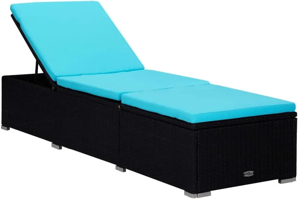 3-Piece Patio Sun Lounger Set with Tea Table PE Rattan Adjustable Chaise Lounge Outdoor Furniture Black and Blue for Poolside, Deck, Backyard