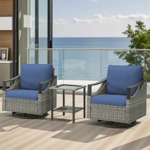 3 Pieces Patio Furniture Sets-Wicker Patio Swivel Rocker Chairs with Glass Side Table Comfy Rattan Glider Chairs with Deep Seating for Porch Deck Balcony Garden Gray/Blue