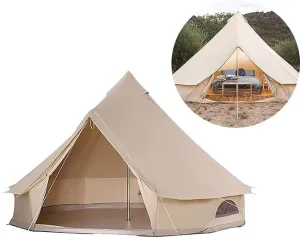 3/4/5/6m Camping Bell Tent 4-Season Family Tent Outdoor Hiking Hunting Yurt Tent with Zipped Groundsheet and Chimney (Khaki 3m/9.84ft)