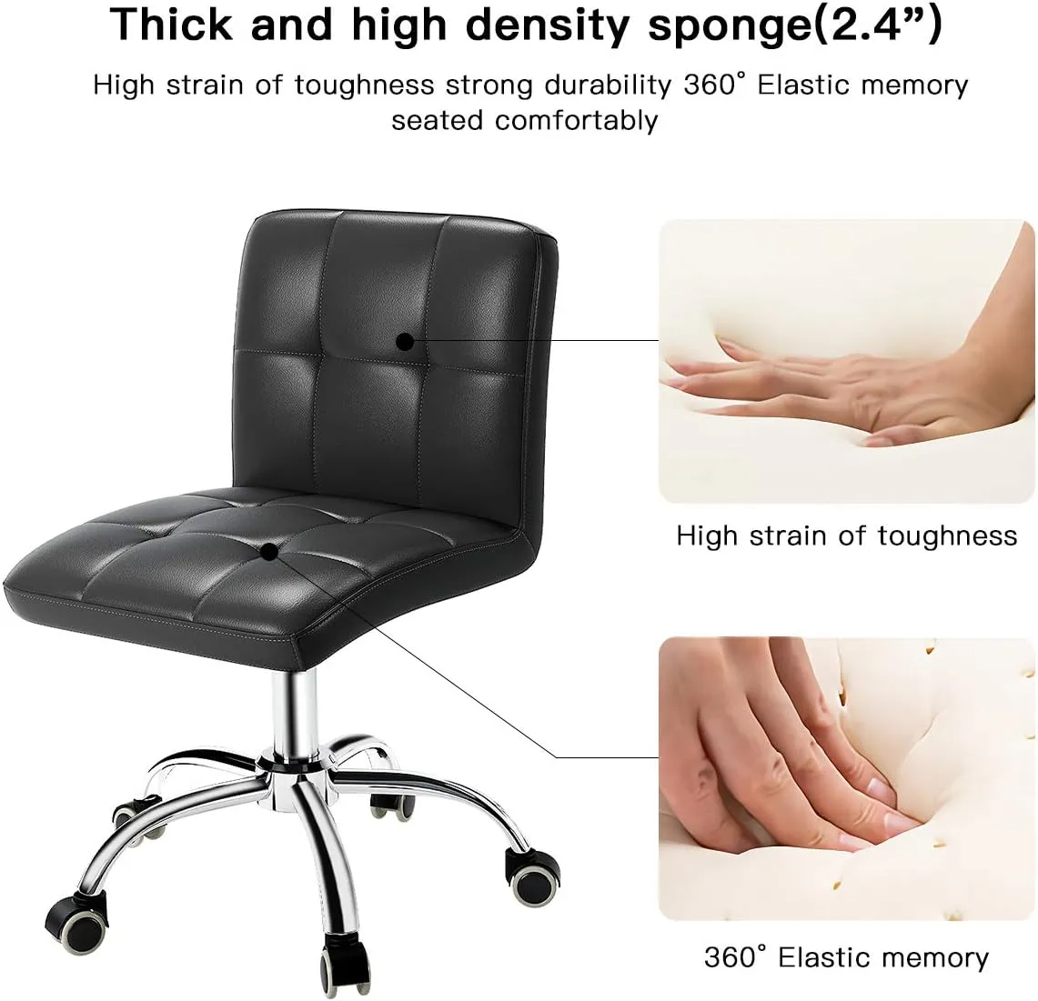 360° Office Desk Chair,PU Adjustable Rolling Task Chair with Backrest for Barber,Office,Home, Computer,360° Swivel,Armless (Black)