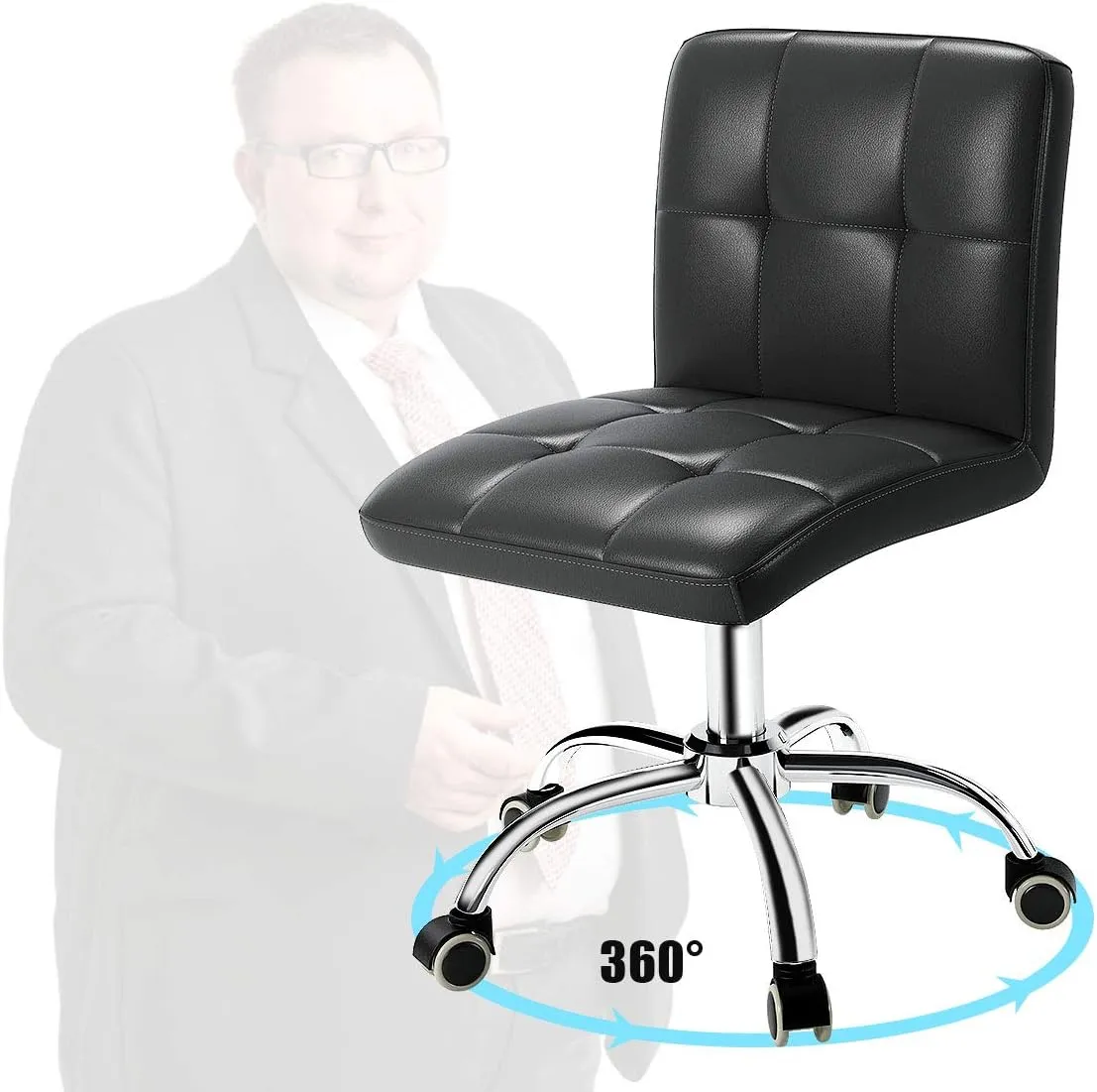 360° Office Desk Chair,PU Adjustable Rolling Task Chair with Backrest for Barber,Office,Home, Computer,360° Swivel,Armless (Black)