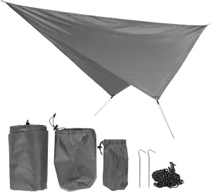 360x290cm Waterproof Camping Tarp, Multifunction Rhombus Canopy, Beach Shade Cloth for Hammock, Picnic, Hiking, Easy to Install, Sturdy Polyester Material (Gray)