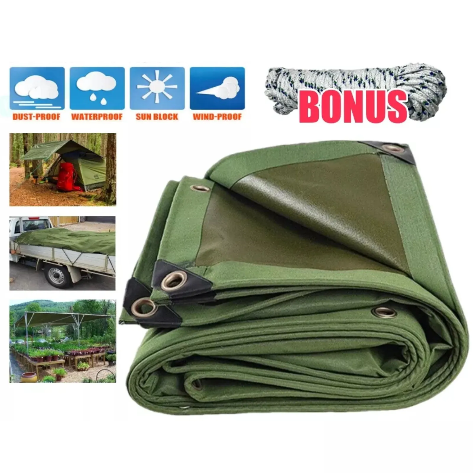 3M x 4M Sun Blocked Dustproof Army Waterproof Canvas Tarpaulin Heavy Duty