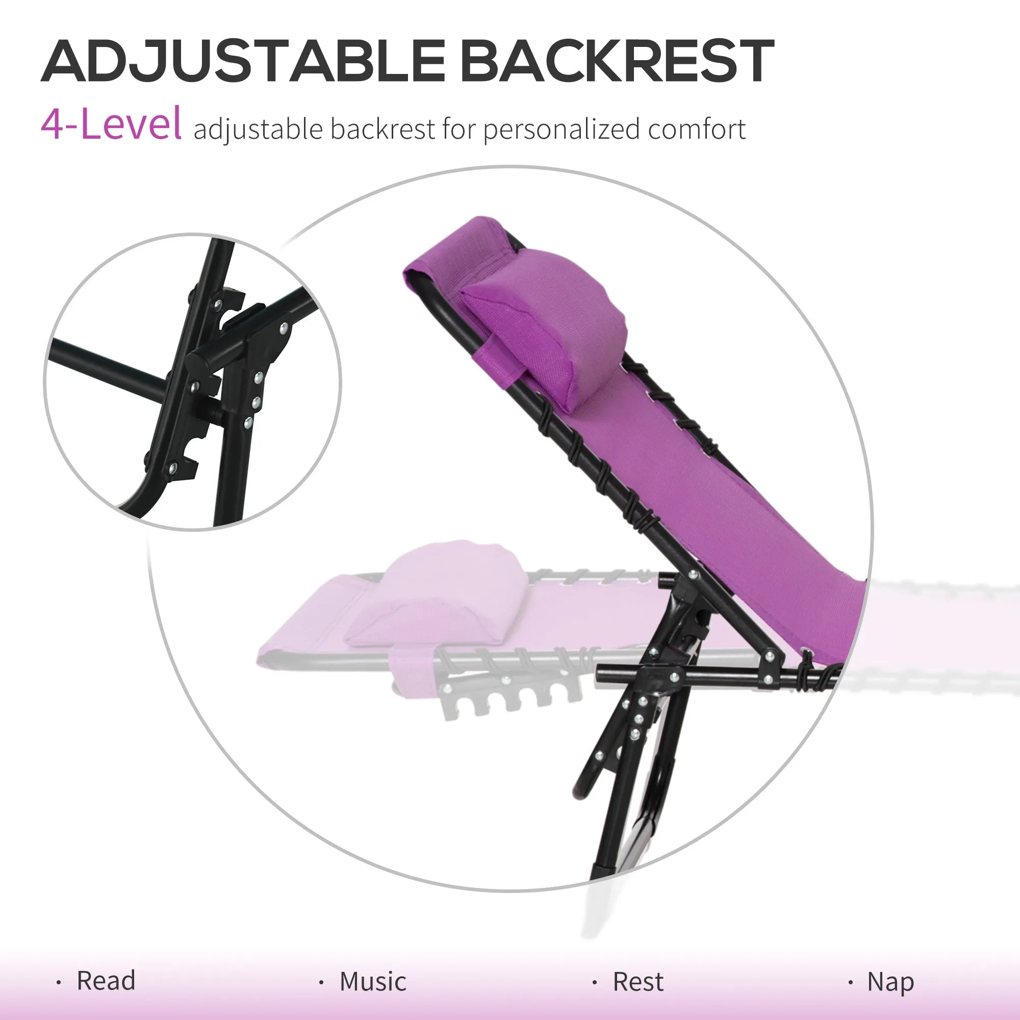 4-Position Reclining Folding Chaise Lounge Chair with Breathable Mesh & Pillow - Purple