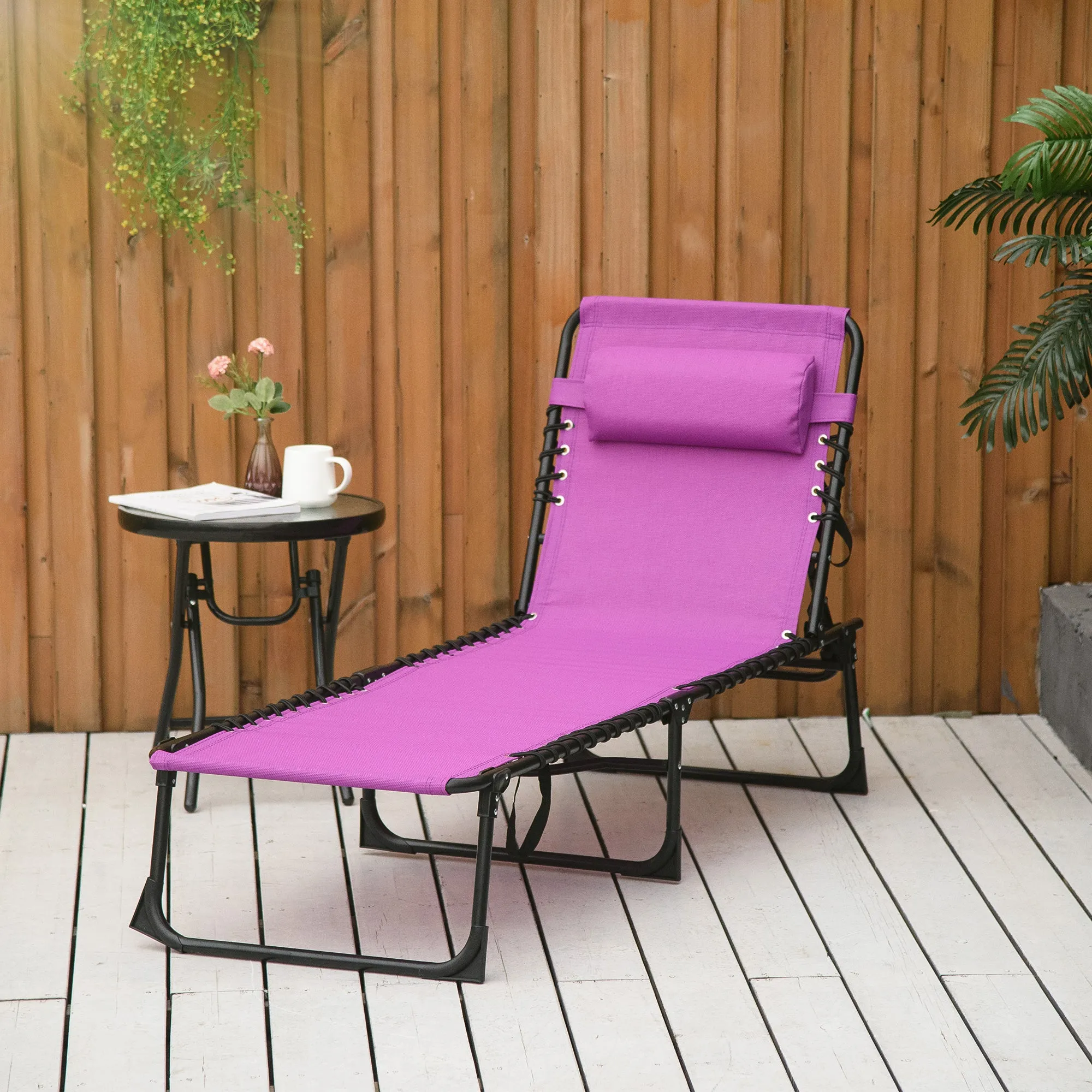 4-Position Reclining Folding Chaise Lounge Chair with Breathable Mesh & Pillow - Purple