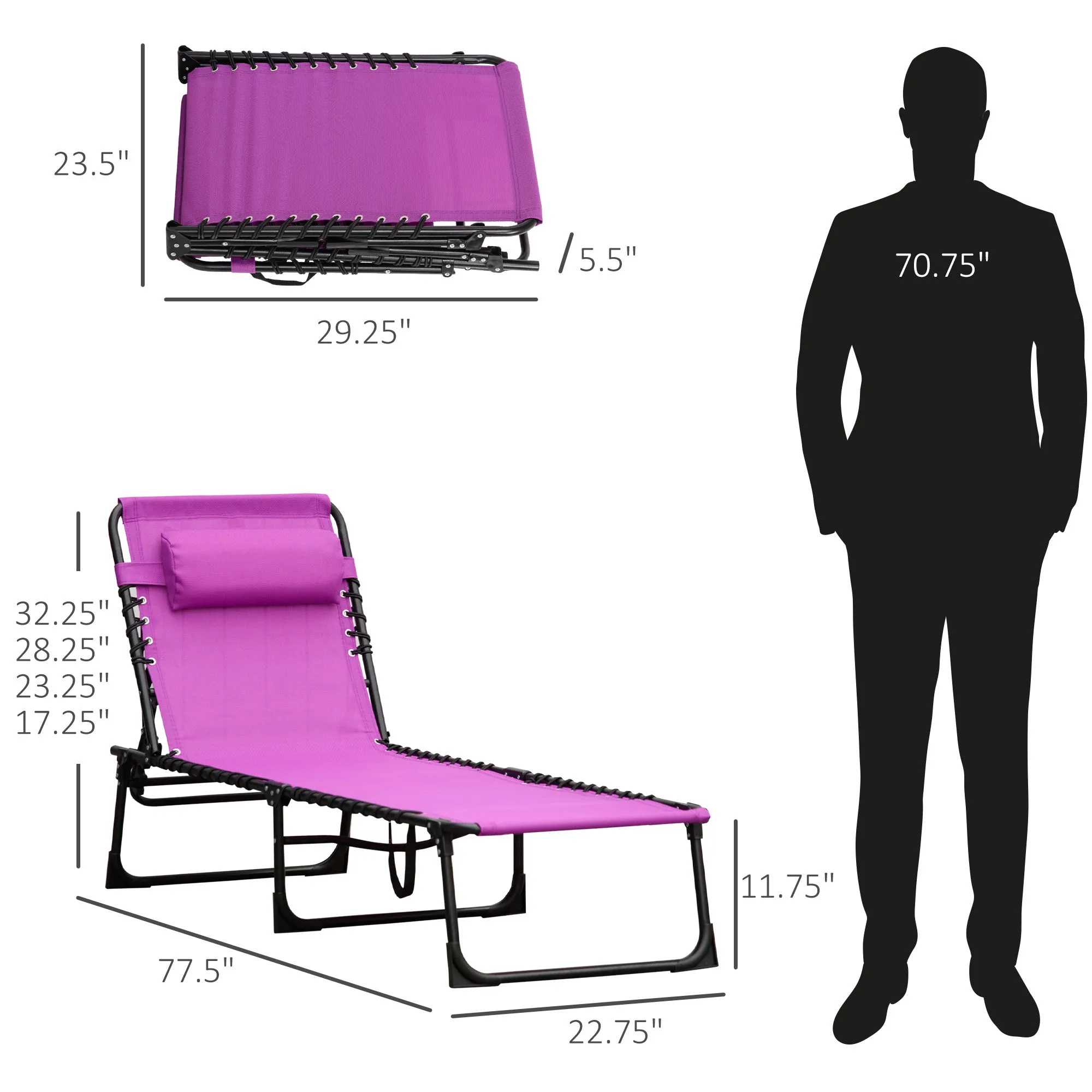 4-Position Reclining Folding Chaise Lounge Chair with Breathable Mesh & Pillow - Purple