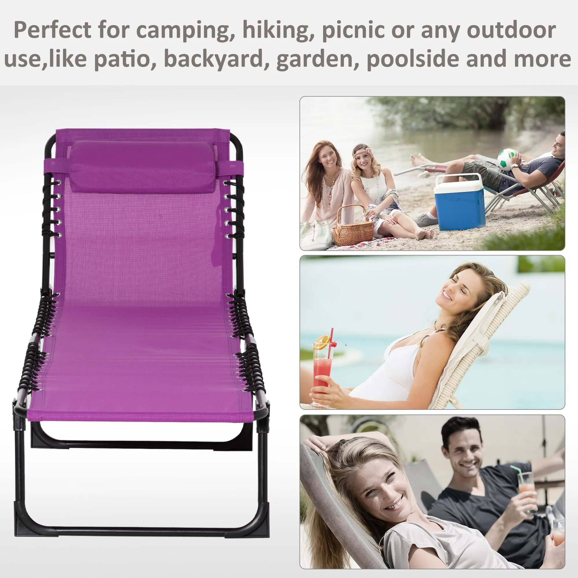 4-Position Reclining Folding Chaise Lounge Chair with Breathable Mesh & Pillow - Purple