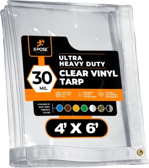 4' x 6' Clear Vinyl Tarp - 30 Mil Super Heavy Duty Transparent Waterproof PVC Tarpaulin with Brass Grommets - for Patio Enclosure, Temporary Wall, Camping, Tent Cover, Canopy - by Xpose Safety