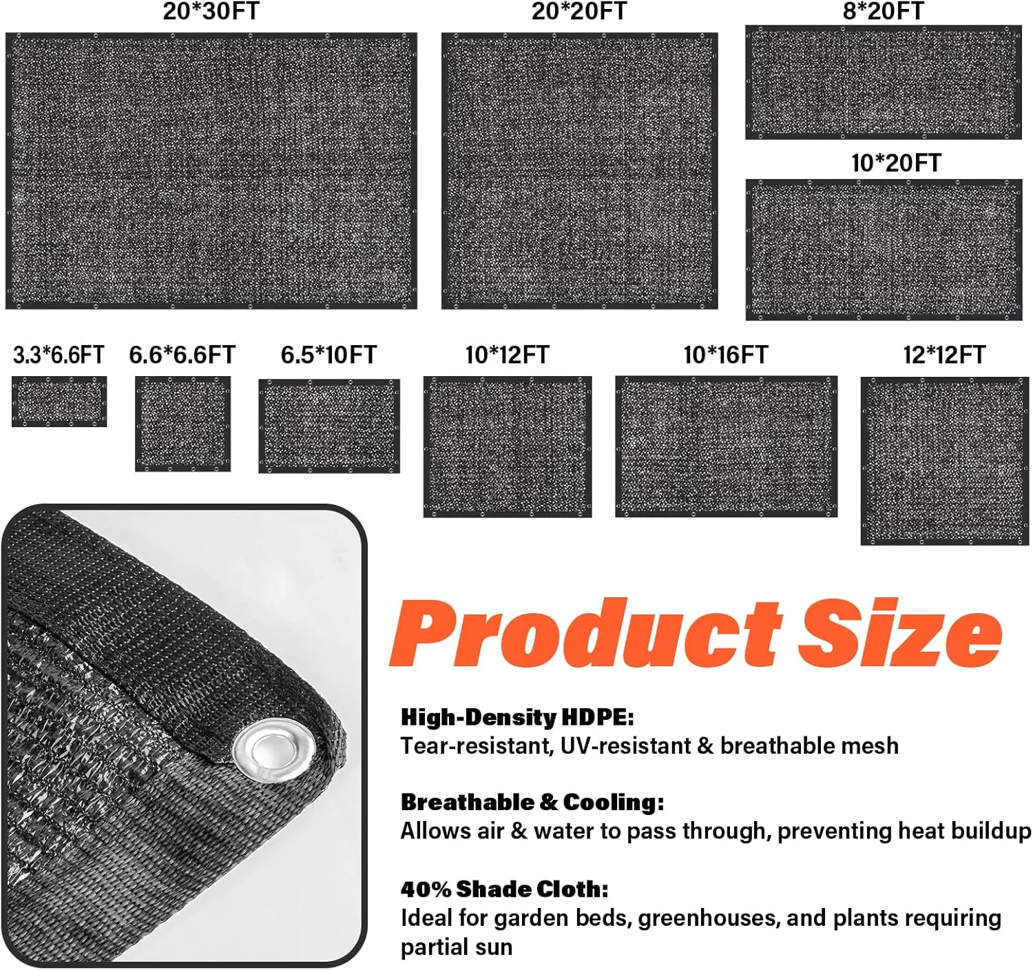 40% Sun Shade Cloth, 12x12FT Shade Net Mesh Tarp with Grommets, Black Sunblock Cover for Outdoor Patio Plants, Pergola, Greenhouse, Chicken Coop, Backyard, Balcony