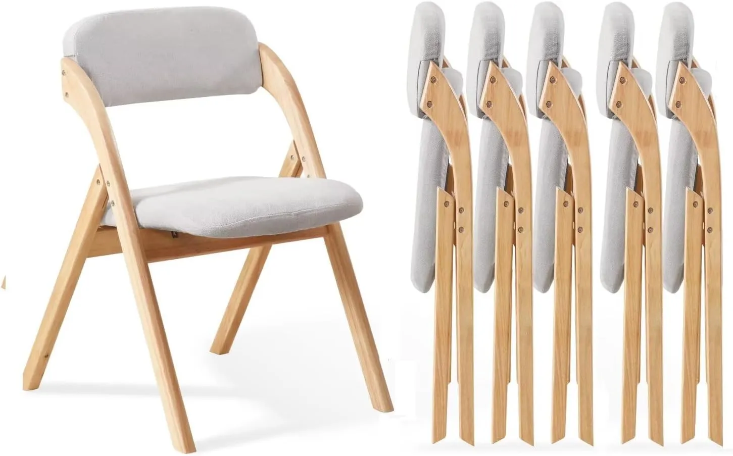 6-Pack Folding Chairs with Cushion, Linen Padded Foldable Chairs, Raw Wood Folding Dining Chairs for Dining Rooms, Wedding Parties, Offices Indoor Outdoor Light Grey