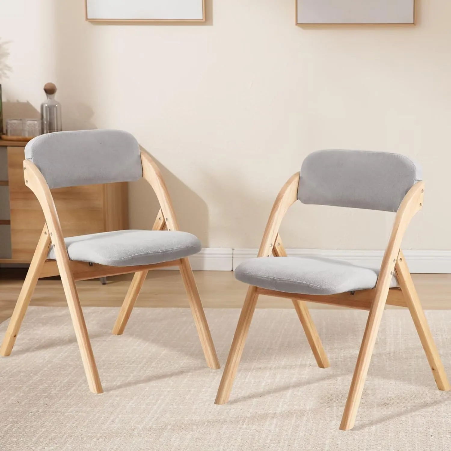 6-Pack Folding Chairs with Cushion, Linen Padded Foldable Chairs, Raw Wood Folding Dining Chairs for Dining Rooms, Wedding Parties, Offices Indoor Outdoor Light Grey
