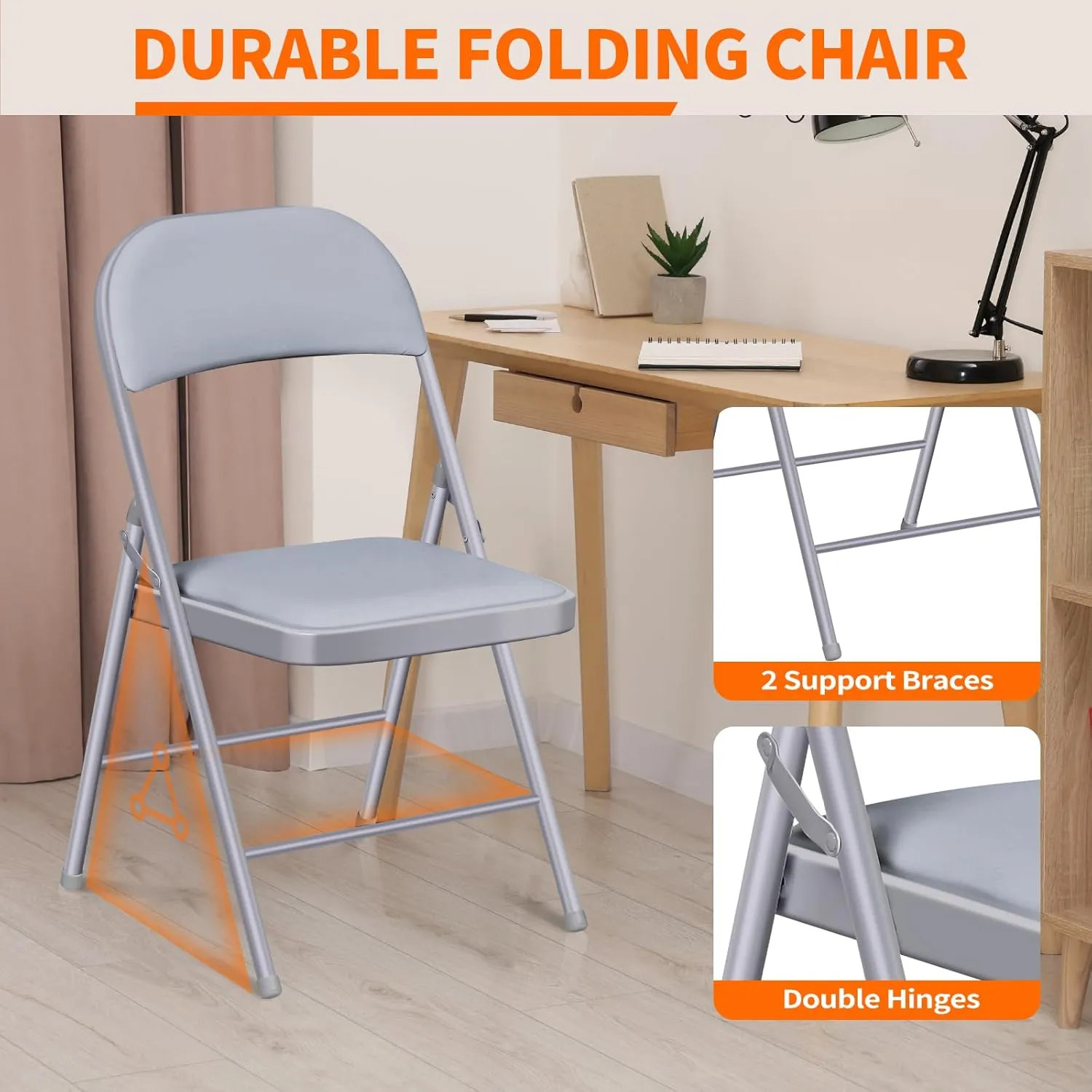 6 Pack Folding Chairs with Cushion – Padded Comfortable Foam Seating Gray Space-Saving Foldable Chairs for Indoor Outdoor Weddings, Parties, Backyard & Office Events (Gray, 6 Pack)