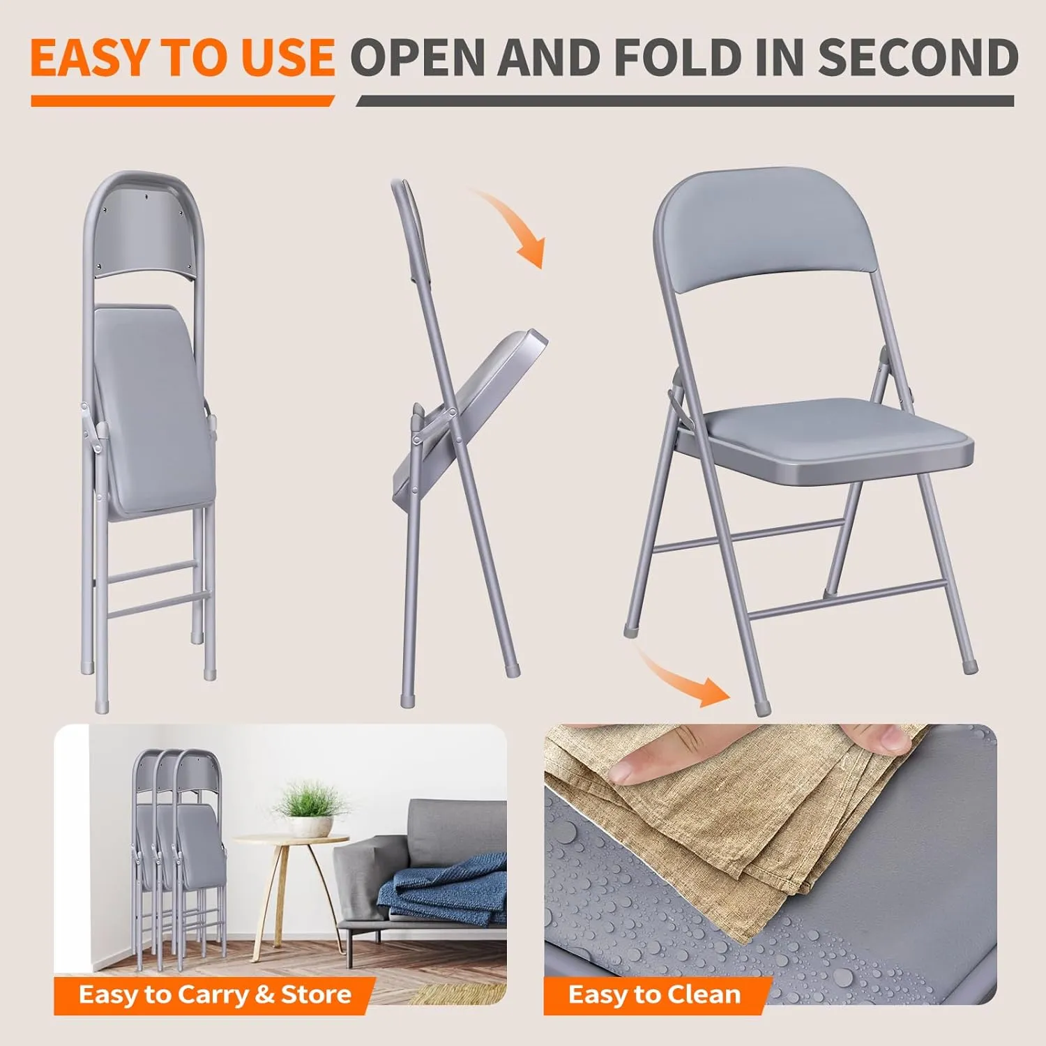 6 Pack Folding Chairs with Cushion – Padded Comfortable Foam Seating Gray Space-Saving Foldable Chairs for Indoor Outdoor Weddings, Parties, Backyard & Office Events (Gray, 6 Pack)