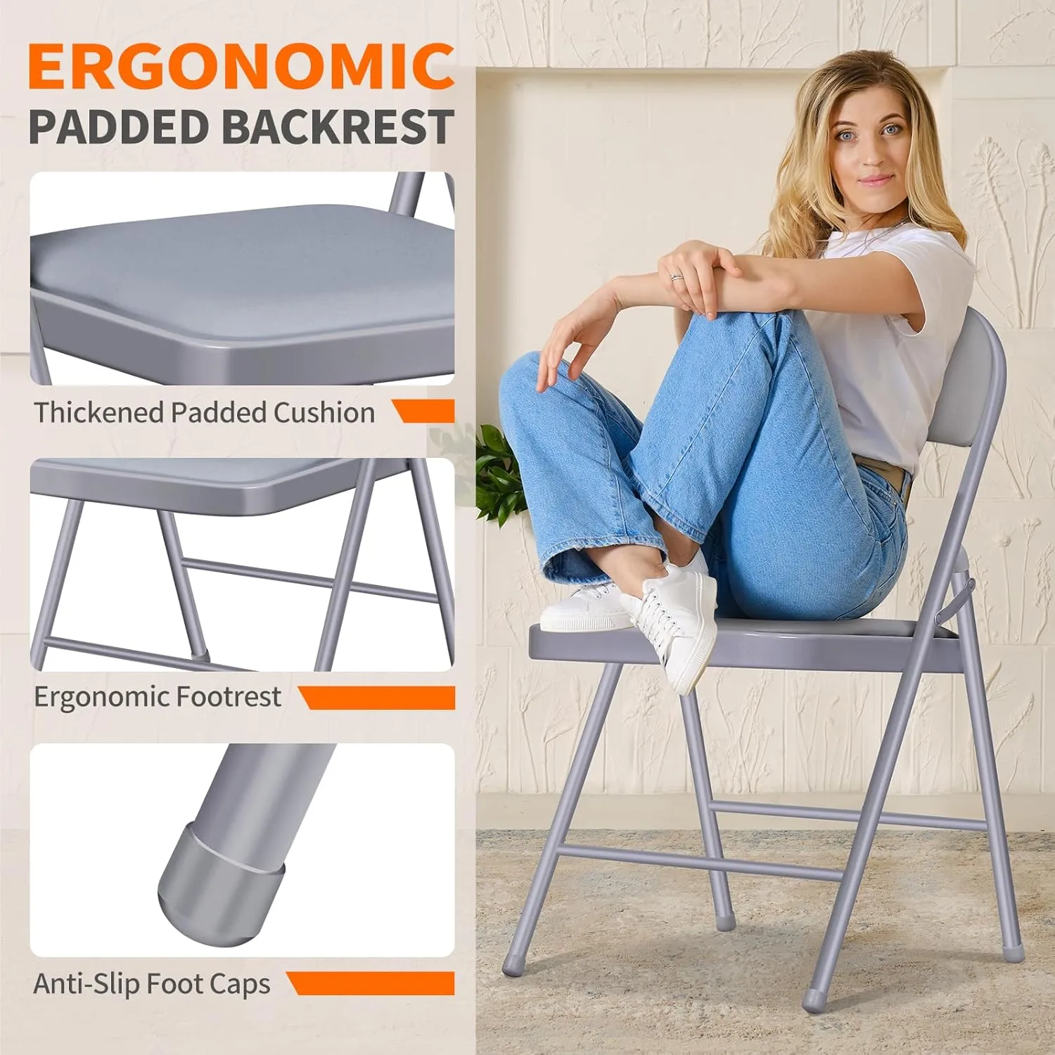 6 Pack Folding Chairs with Cushion – Padded Comfortable Foam Seating Gray Space-Saving Foldable Chairs for Indoor Outdoor Weddings, Parties, Backyard & Office Events (Gray, 6 Pack)
