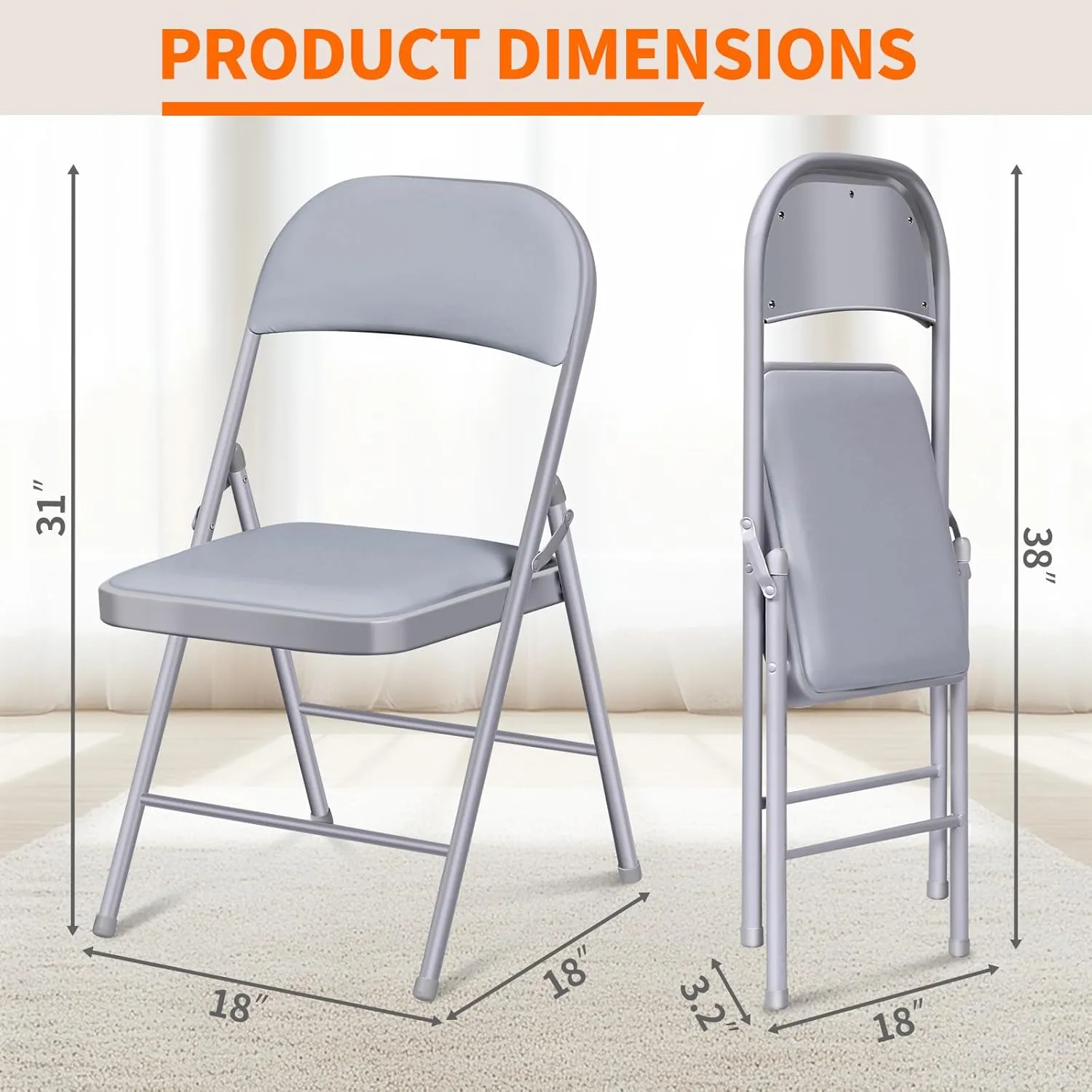 6 Pack Folding Chairs with Cushion – Padded Comfortable Foam Seating Gray Space-Saving Foldable Chairs for Indoor Outdoor Weddings, Parties, Backyard & Office Events (Gray, 6 Pack)