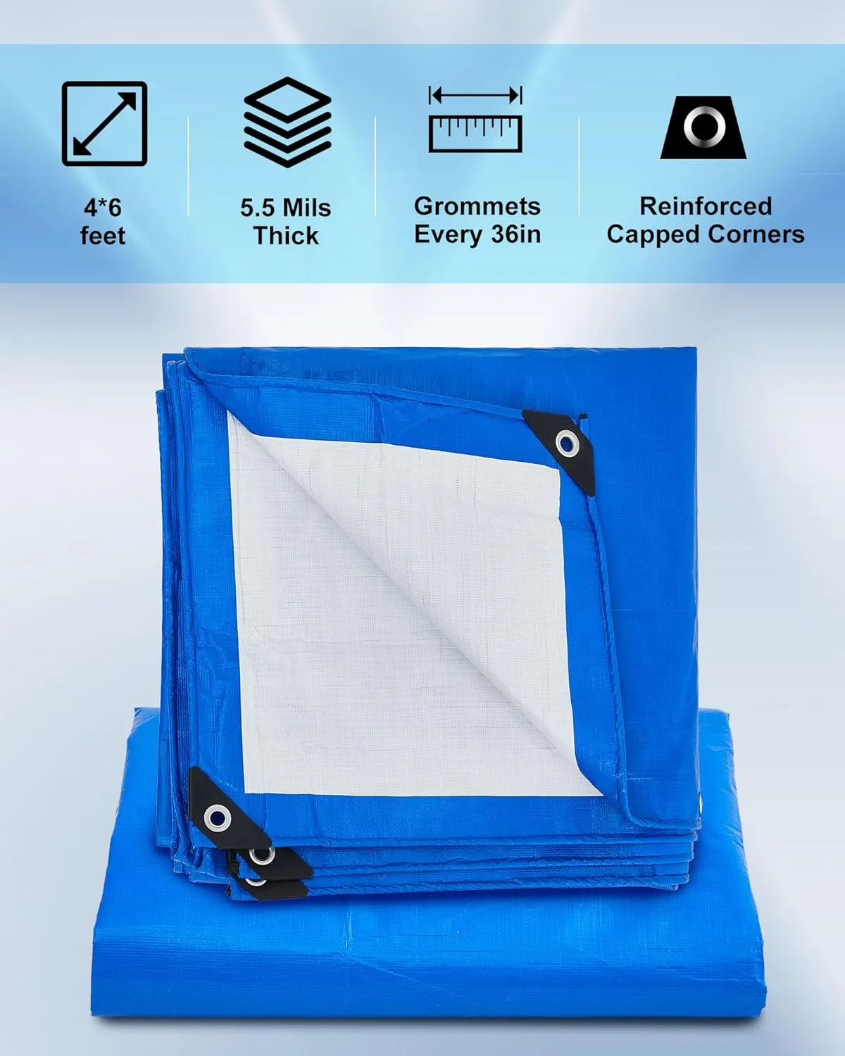 6 Pcs Large Waterproof Tarp 4 x 6 ft Heavy Duty 5.5 Mil Thick Poly Tarpaulin with Grommets Multipurpose Protective Cover for Summer Home Boats Cars Camping RV Pool Tent