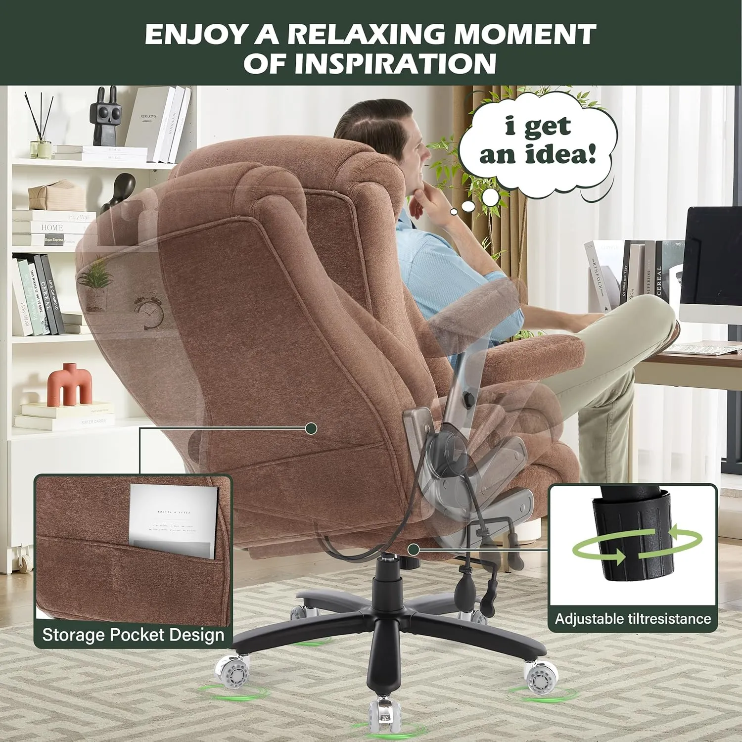 650lbs Big and Tall Office Chair with Thick Spring Cushion,5D Flip Arm Ergonomic Executive Office Chair Adjustable Lumbar Airbag&Extra Wide,Comfy Large Padded Heavy Duty Game Chair,Browncloth