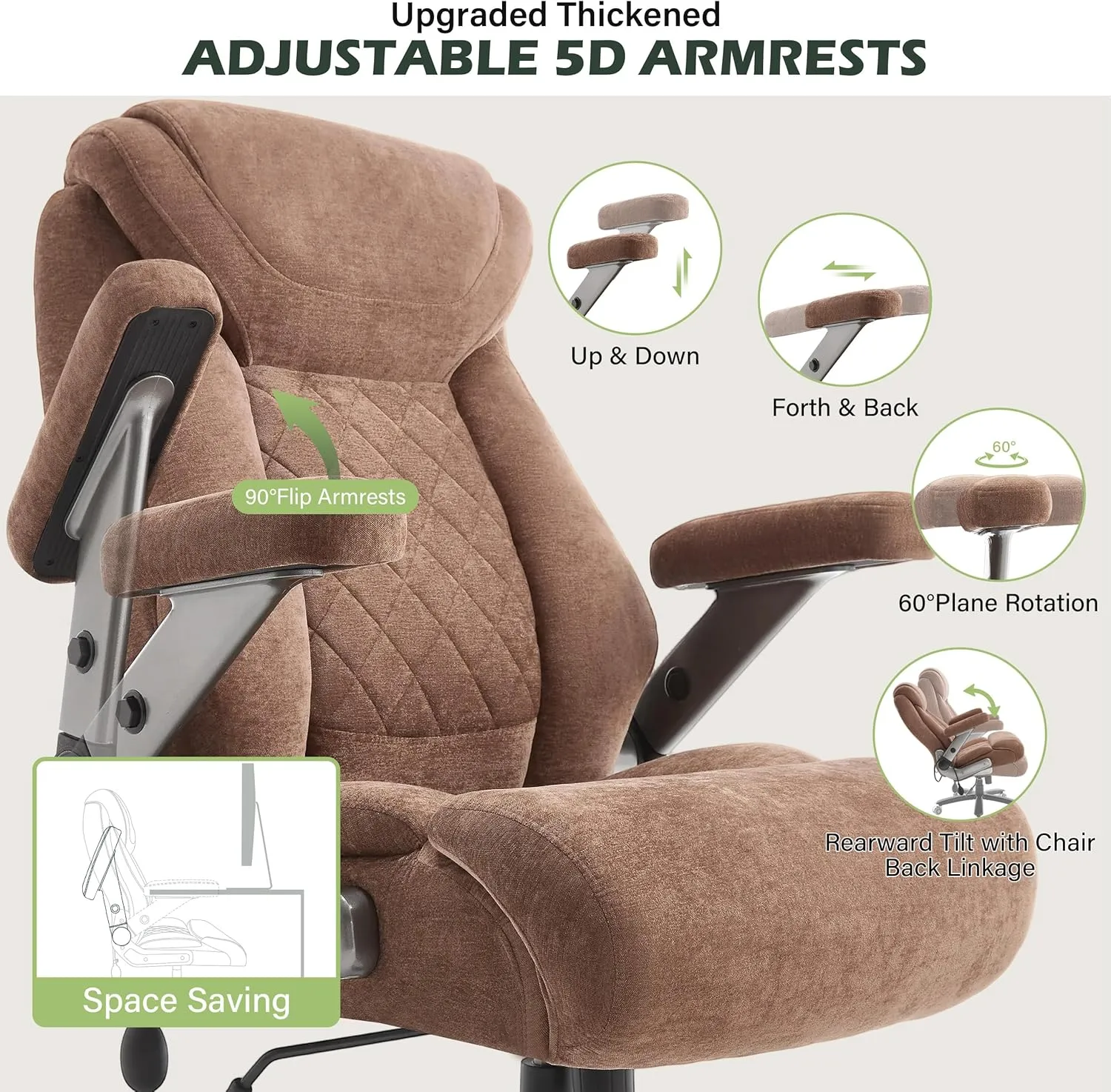 650lbs Big and Tall Office Chair with Thick Spring Cushion,5D Flip Arm Ergonomic Executive Office Chair Adjustable Lumbar Airbag&Extra Wide,Comfy Large Padded Heavy Duty Game Chair,Browncloth