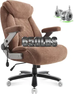 650lbs Big and Tall Office Chair with Thick Spring Cushion,5D Flip Arm Ergonomic Executive Office Chair Adjustable Lumbar Airbag&Extra Wide,Comfy Large Padded Heavy Duty Game Chair,Browncloth