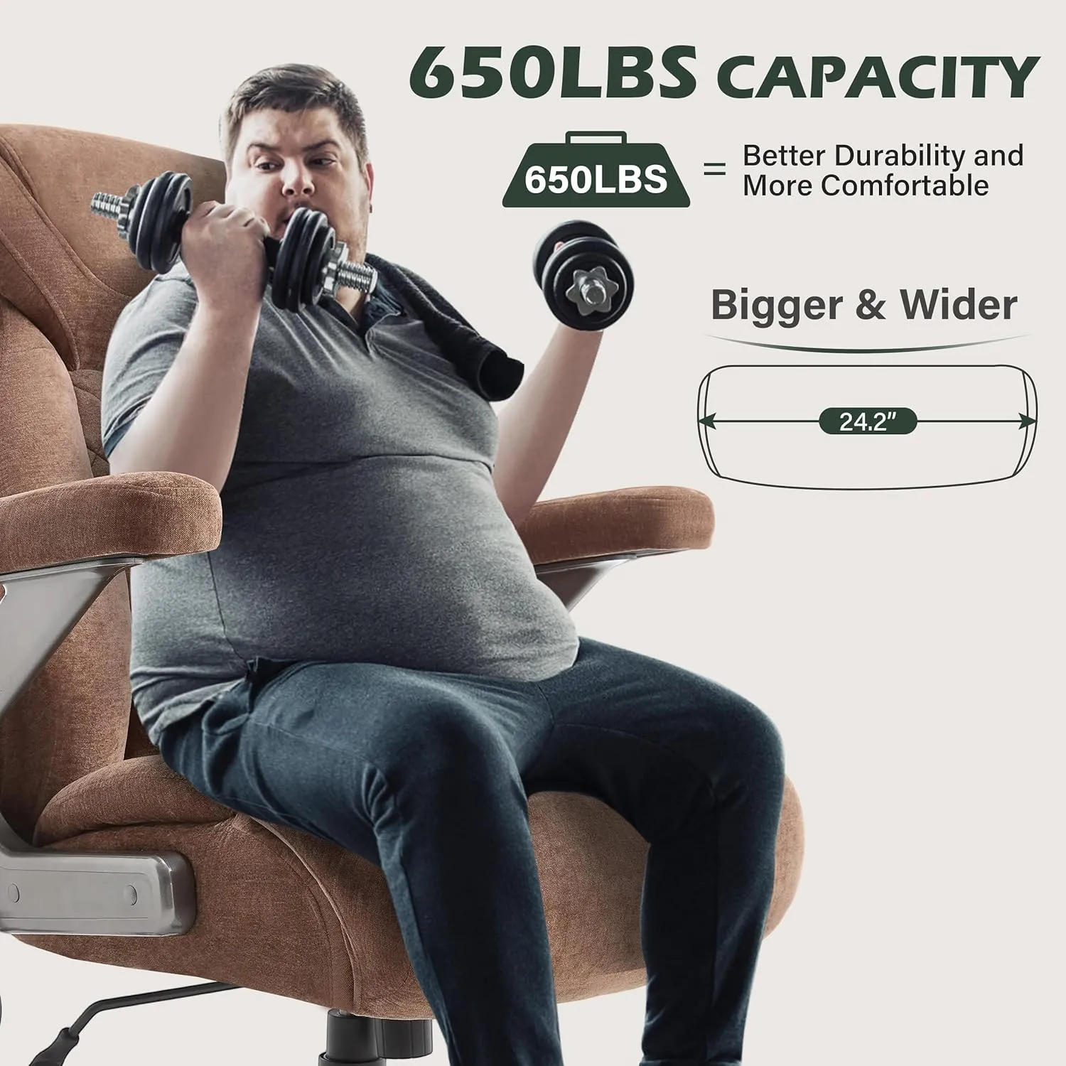 650lbs Big and Tall Office Chair with Thick Spring Cushion,5D Flip Arm Ergonomic Executive Office Chair Adjustable Lumbar Airbag&Extra Wide,Comfy Large Padded Heavy Duty Game Chair,Browncloth