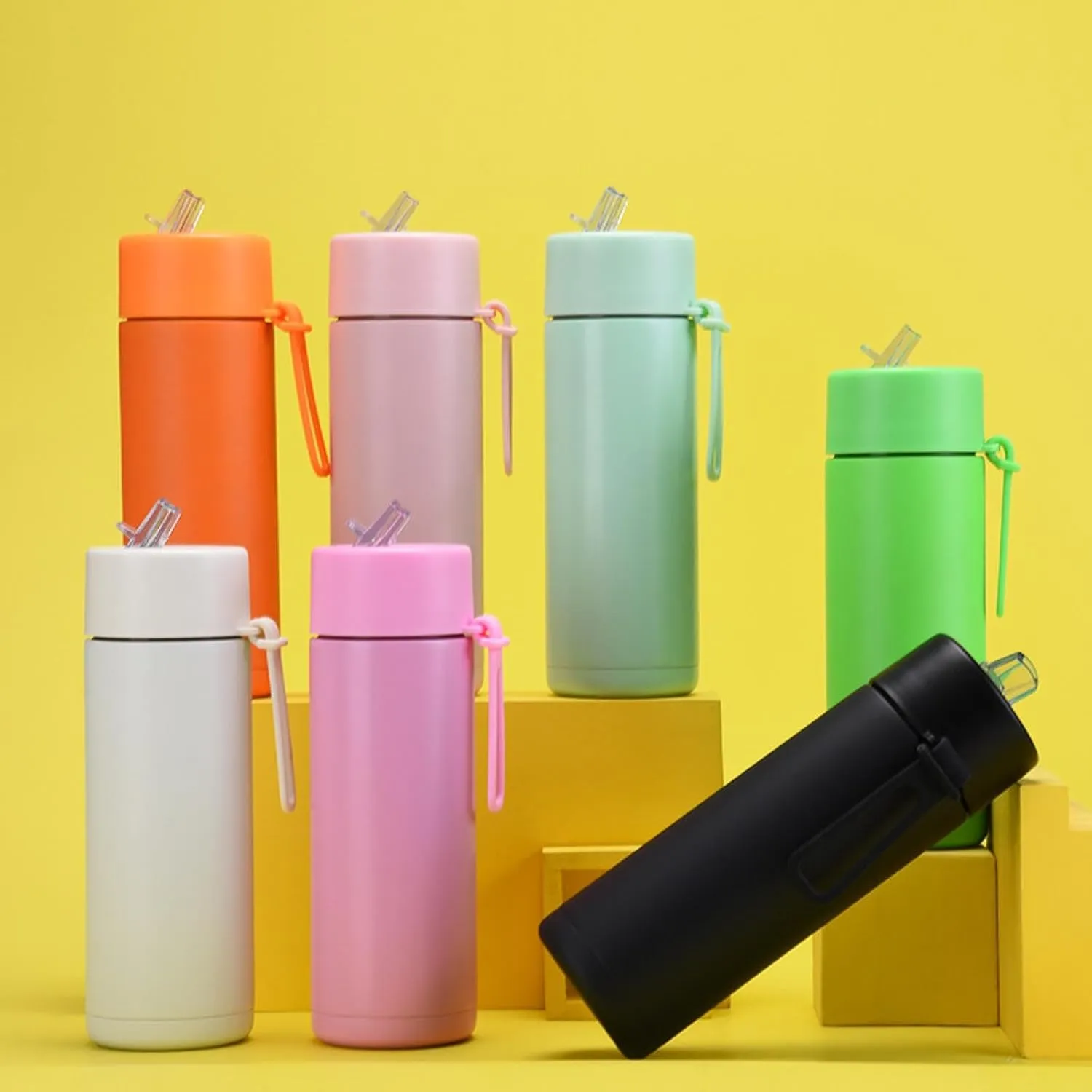 650ml/22oz Portable Silicone Handle Sports Kettle American Large Mouth Stainless Steel Insulated Cup-Light yellow light green