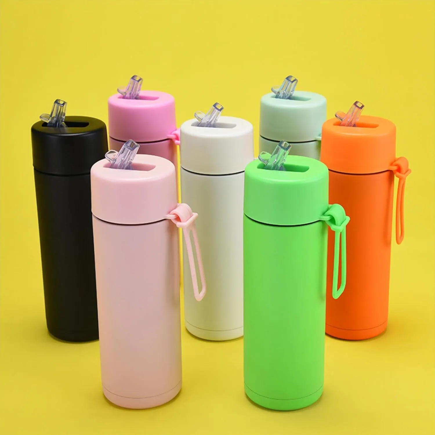 650ml/22oz Portable Silicone Handle Sports Kettle American Large Mouth Stainless Steel Insulated Cup-Light yellow light green