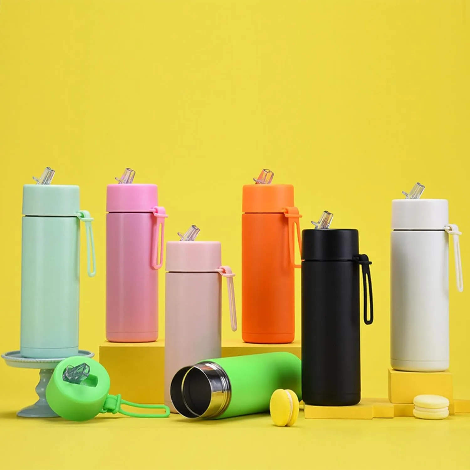 650ml/22oz Portable Silicone Handle Sports Kettle American Large Mouth Stainless Steel Insulated Cup-Light yellow light green