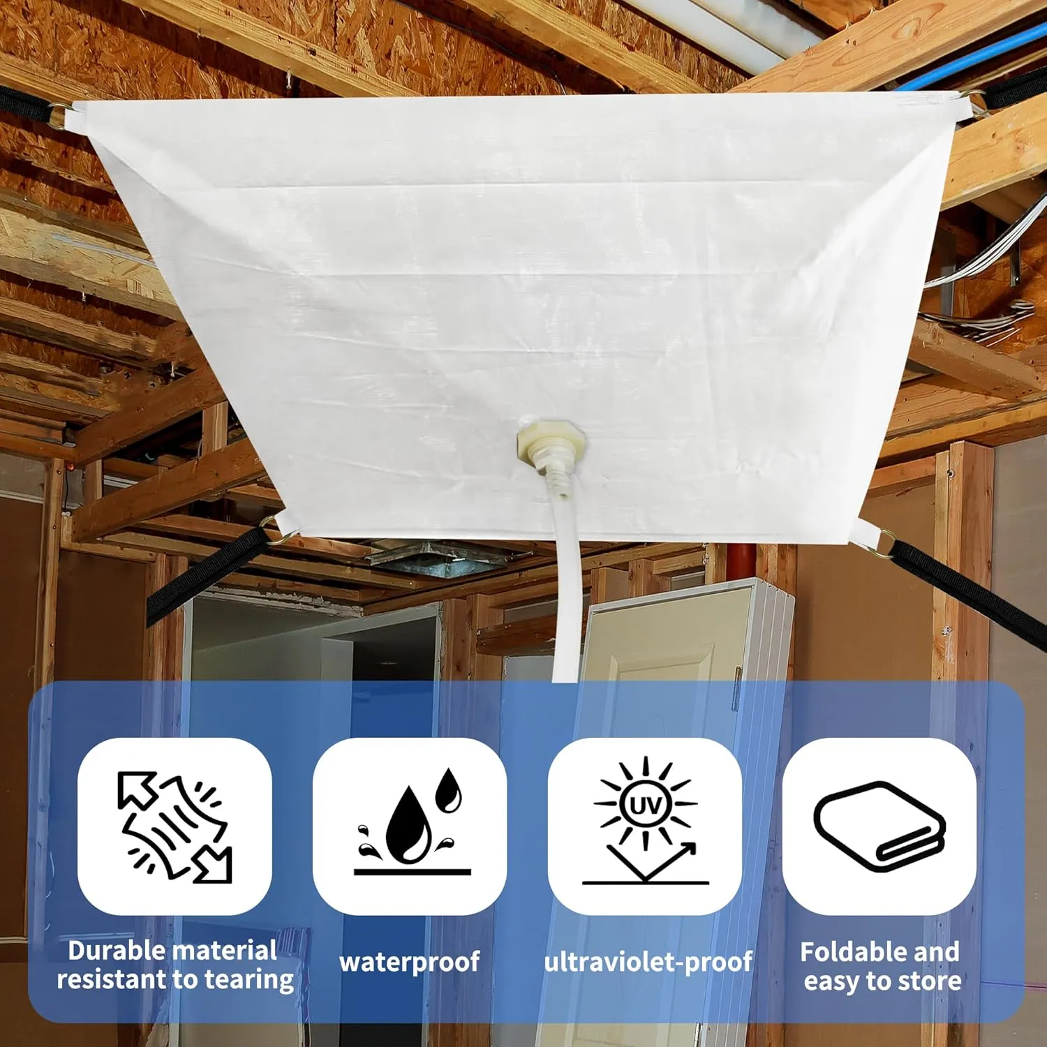 6.6 x 6.6ft Ceiling Leak Diverter with Hose and Grommets Heavy Duty Roof Leak Diverter White Leak Diverter Tarp with Hose Water Diverter Tarp for Roof Leak Fix