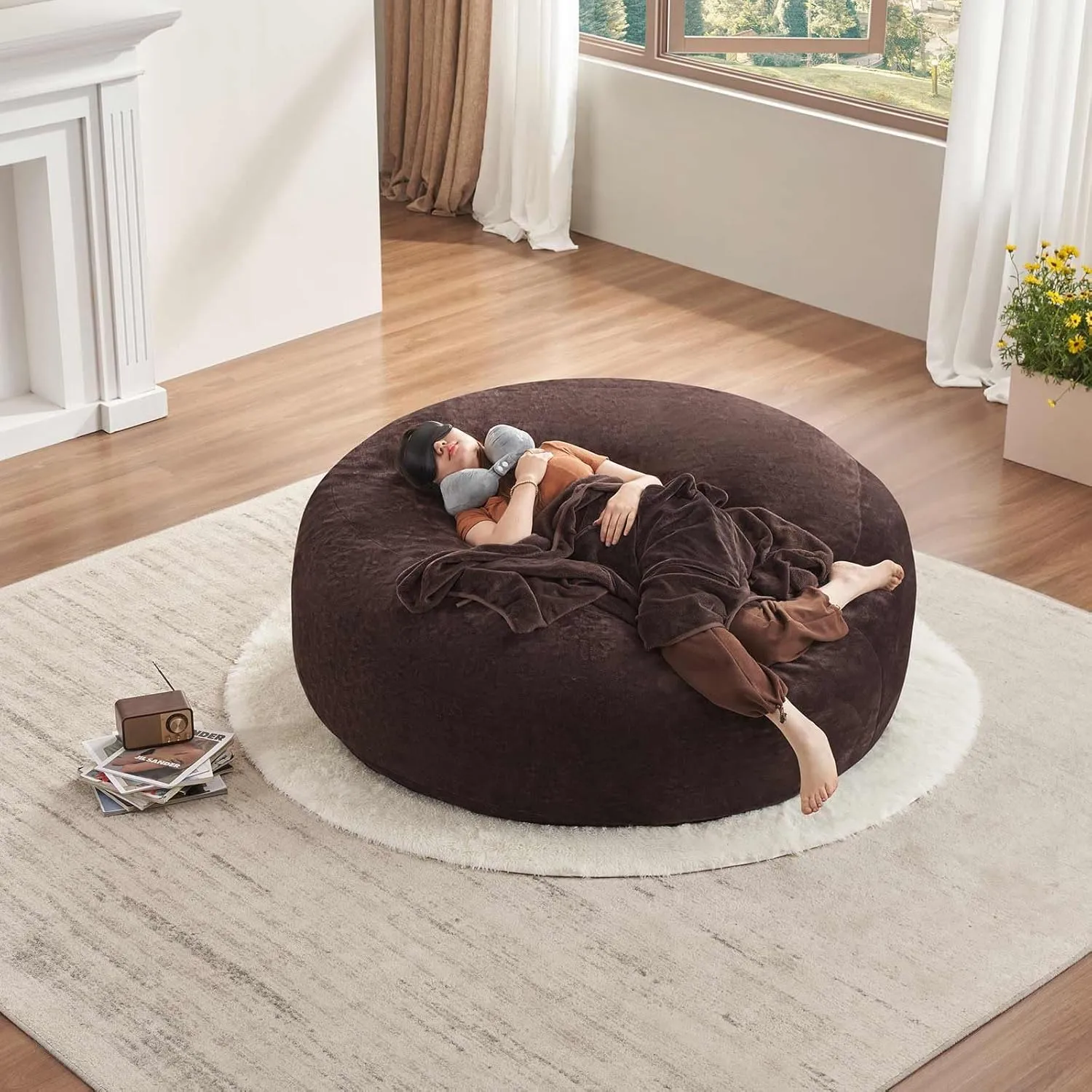6FT，Oversized Bean Bag Chair，Bean Bag with Filler Included，Memory Foam Chair，Jumbo Bean Bag，Removable and Washable Flannel Cover, Suitable for Lounge Chairs in bedrooms and Dormitories. (Brown)
