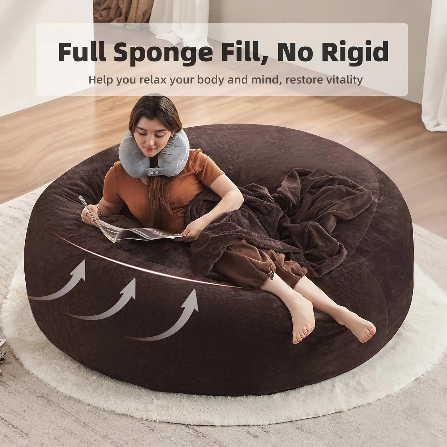 6FT，Oversized Bean Bag Chair，Bean Bag with Filler Included，Memory Foam Chair，Jumbo Bean Bag，Removable and Washable Flannel Cover, Suitable for Lounge Chairs in bedrooms and Dormitories. (Brown)