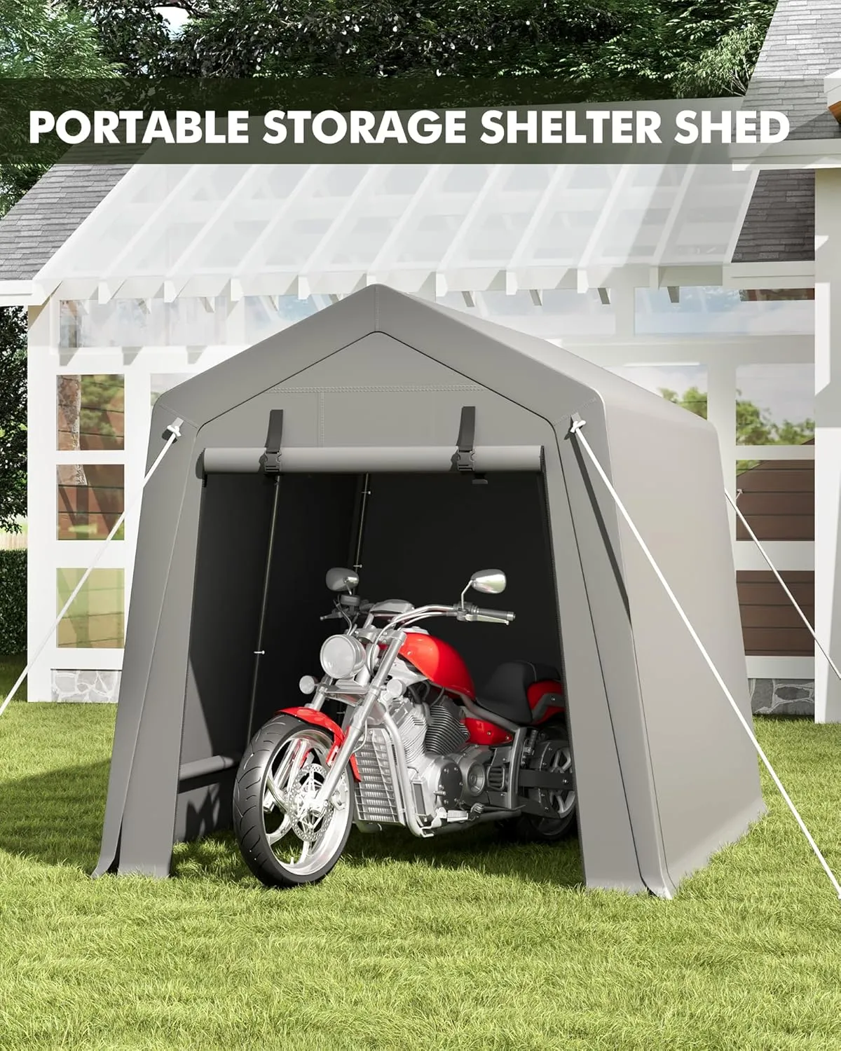 7 x 10 ft Portable Carport, Storage Shed with Heavy Duty Waterproof Tarp & 2 Roll-Up Zipper Doors, Ideal Tent for Motorcycles, Bikes, Garden Tools, and Firewood