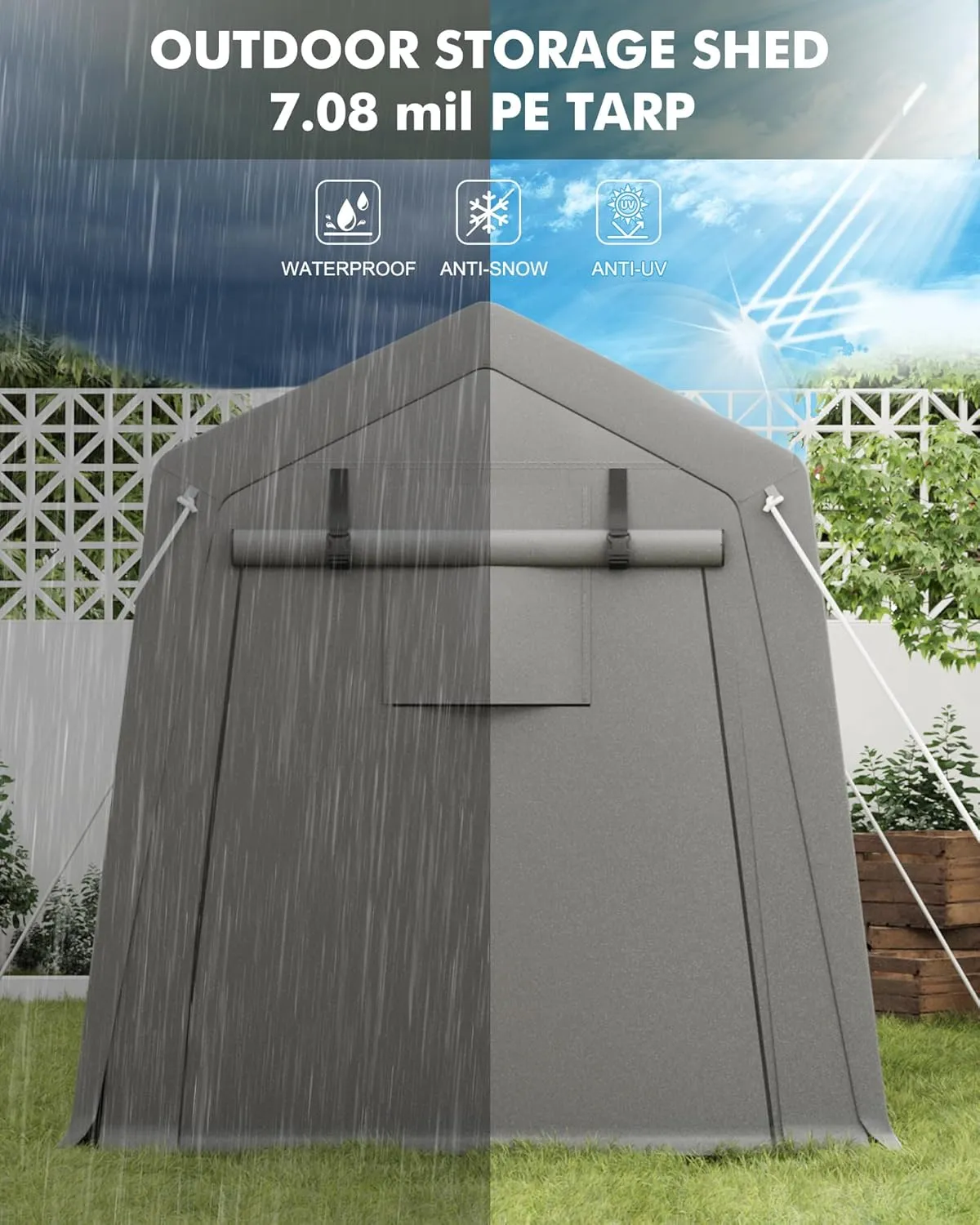 7 x 10 ft Portable Carport, Storage Shed with Heavy Duty Waterproof Tarp & 2 Roll-Up Zipper Doors, Ideal Tent for Motorcycles, Bikes, Garden Tools, and Firewood